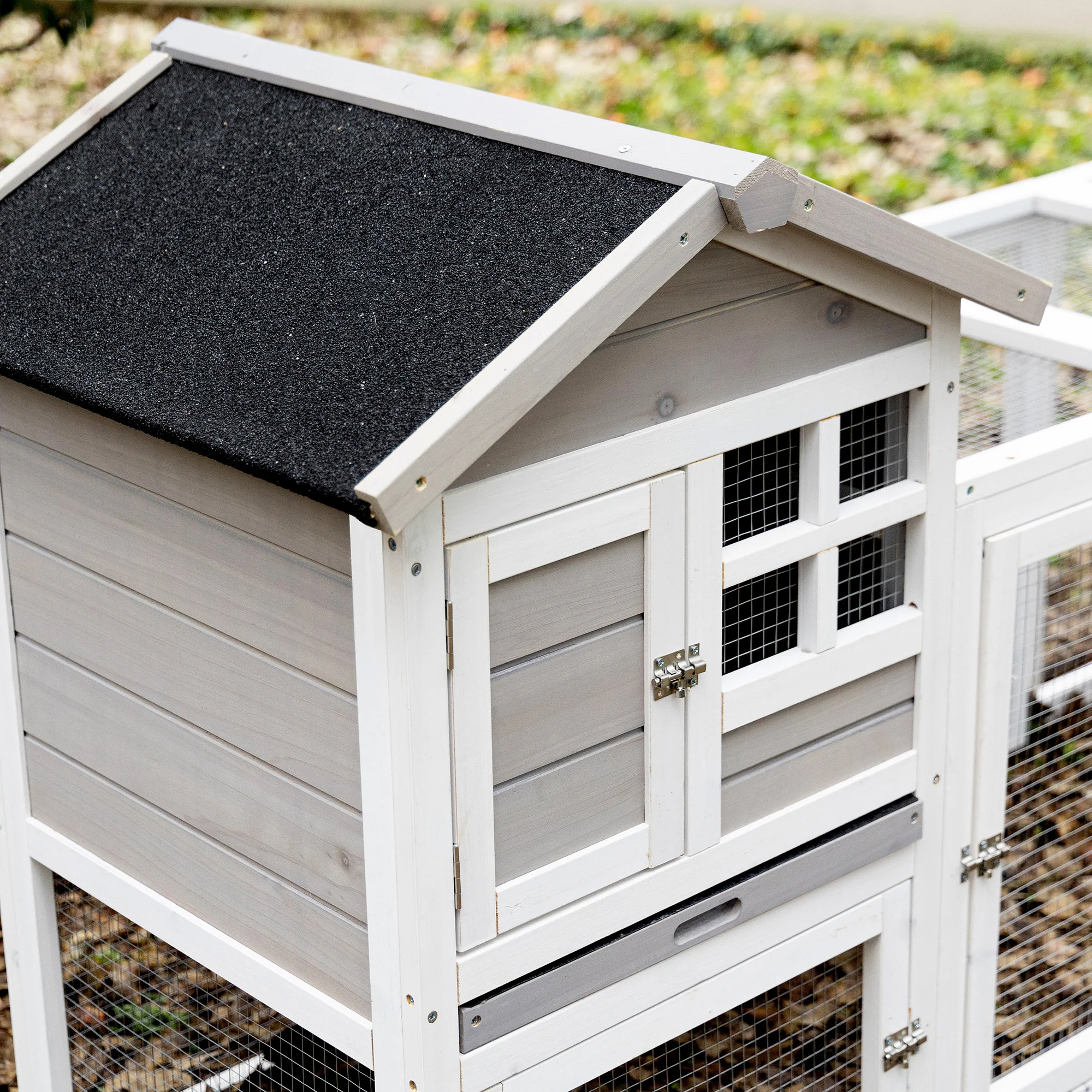 PawHut 2-In-1 Rabbit Hutch w/ Double House, Run Box, Slide-Out Tray, Ramp - Image 8