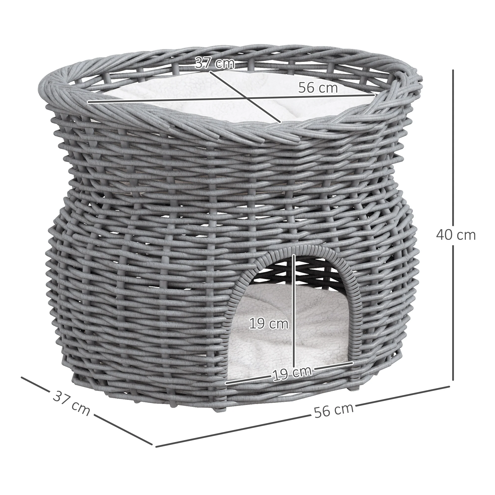 PawHut 2-Tier Elevated Pet Cushion Bed Basket Willow Cat Tree House Condo Kennel - Image 5
