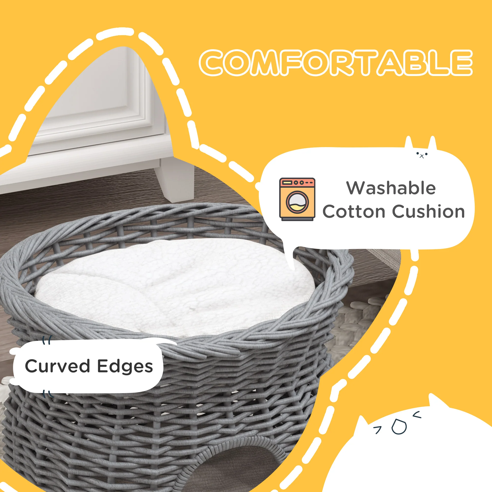 PawHut 2-Tier Elevated Pet Cushion Bed Basket Willow Cat Tree House Condo Kennel - Image 6