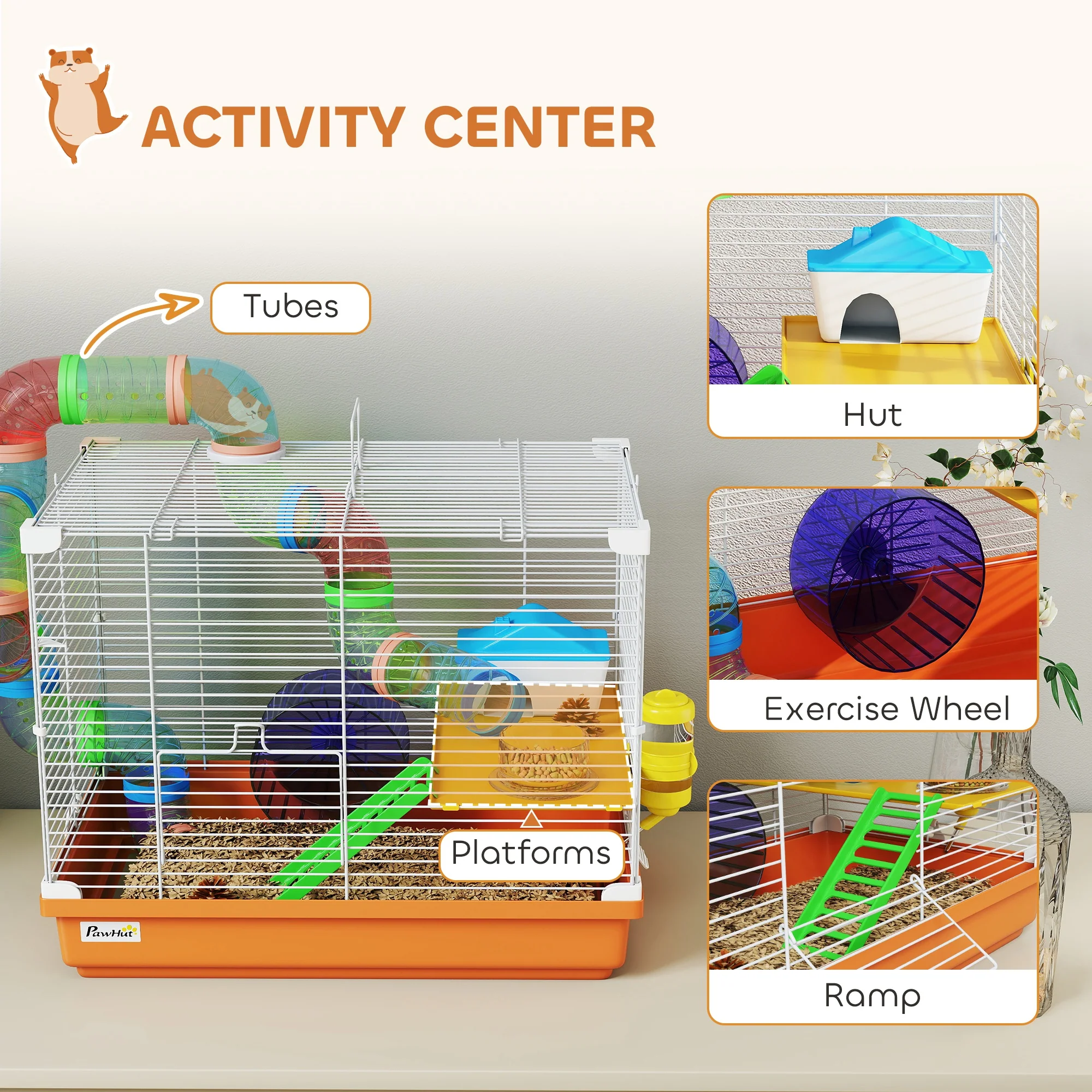 Pawhut 2 Tier Hamster Cage Small Animal House W/ Exercise Wheels Tunnel - Image 3