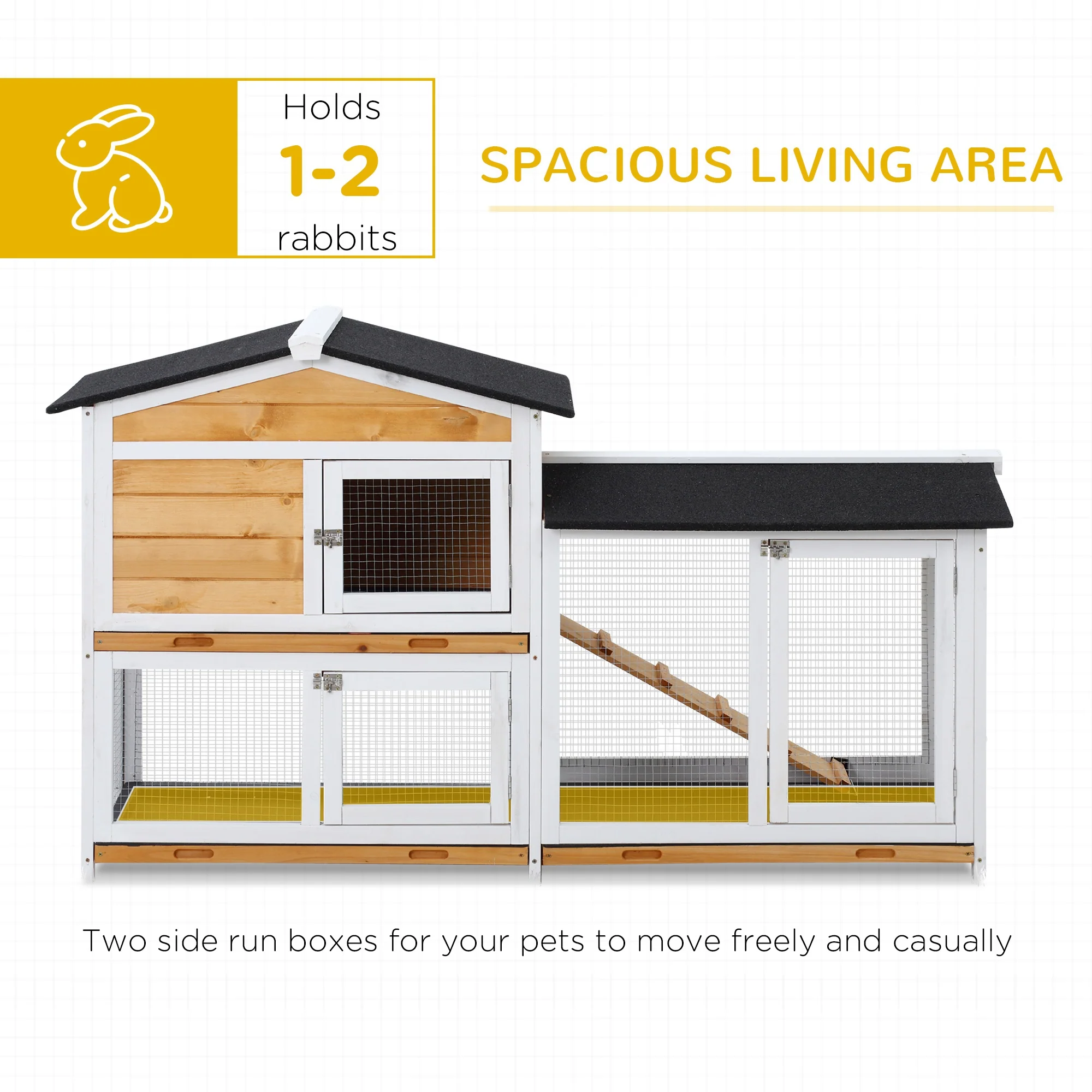 PawHut 2-Tier Rabbit Hutch Wooden Guinea Pig House Pet Cage Outdoor w/ Sliding-out Tray Ramp, 157.4x53x93.5cm, Yellow - Image 4