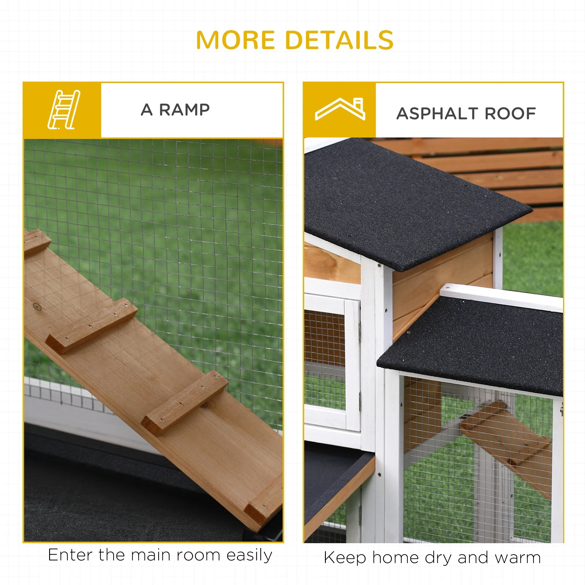 PawHut 2-Tier Rabbit Hutch Wooden Guinea Pig House Pet Cage Outdoor w/ Sliding-out Tray Ramp, 157.4x53x93.5cm, Yellow - Image 6