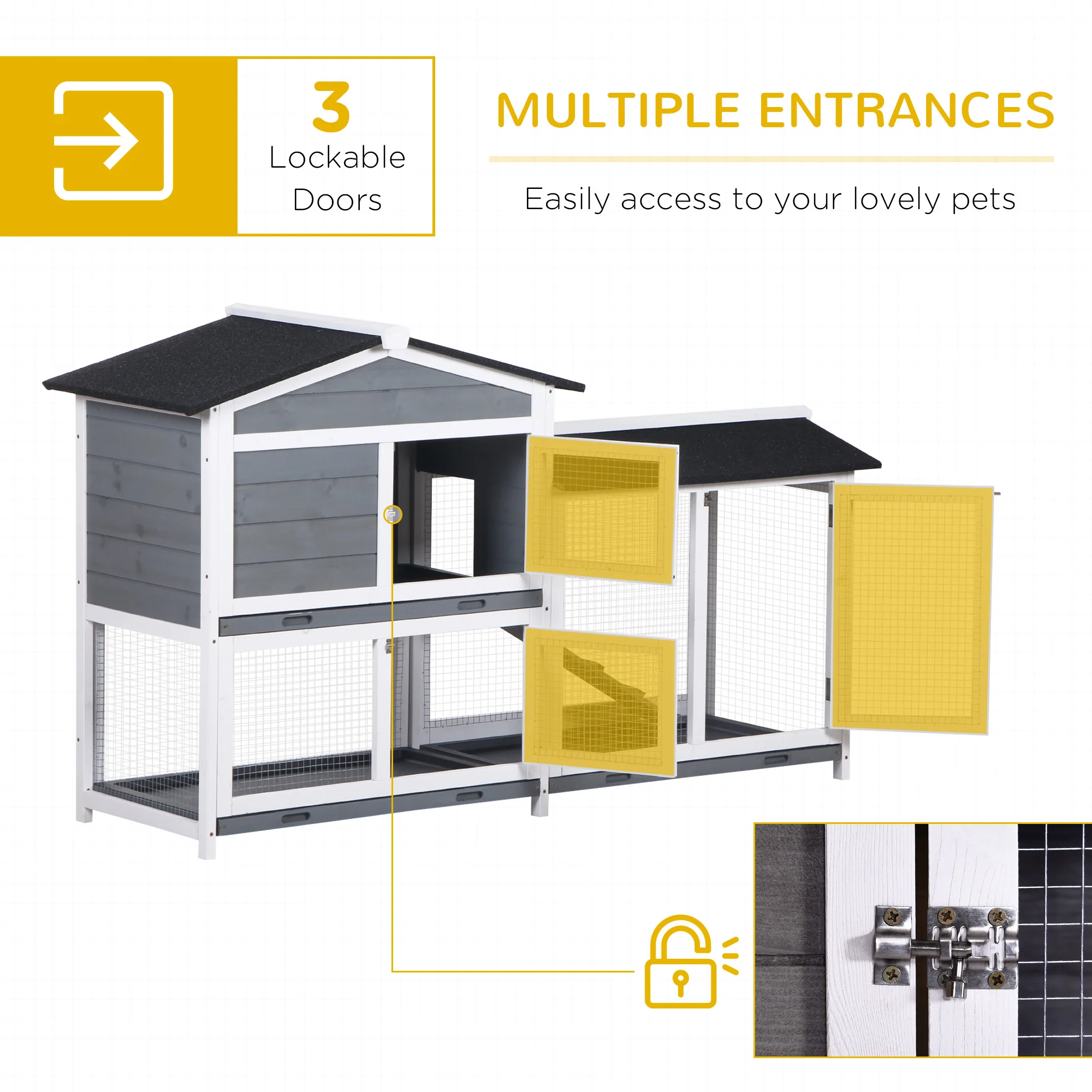 PawHut 2-Tier Wooden Rabbit Hutch Guinea Pig House Pet Cage Outdoor w/ Tray Ramp - Image 3
