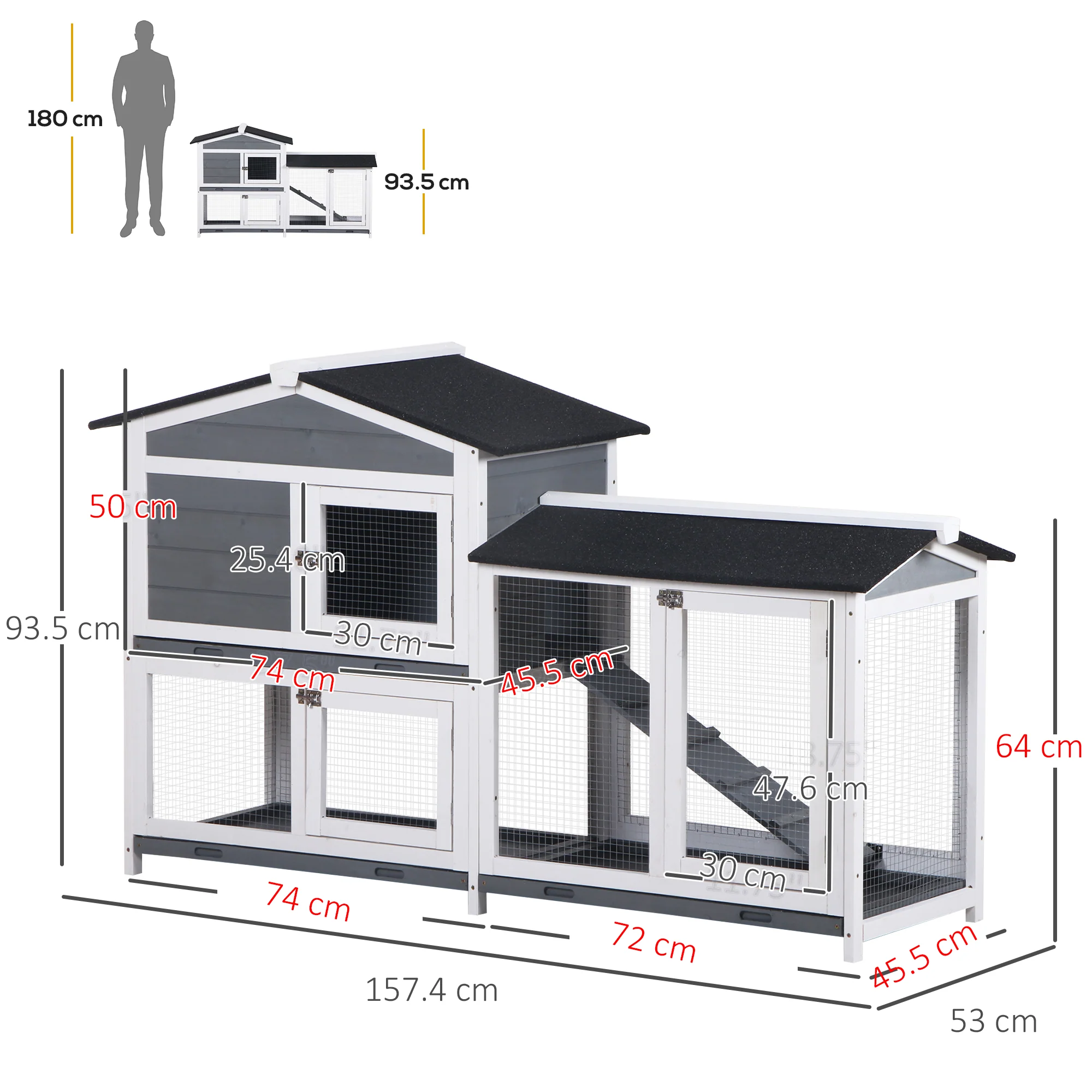 PawHut 2-Tier Wooden Rabbit Hutch Guinea Pig House Pet Cage Outdoor w/ Tray Ramp - Image 5