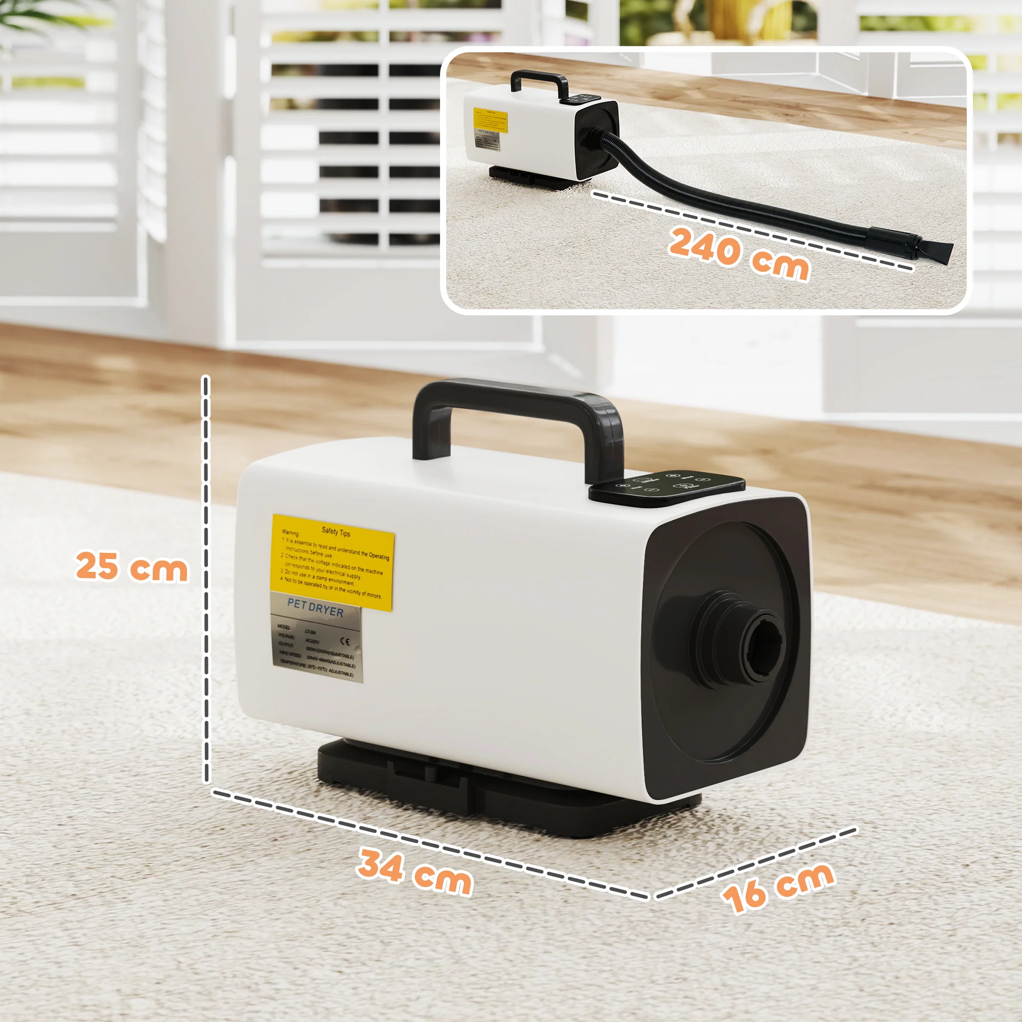 PawHut 2200W Dog Hair Dryer w/ Auto Adjustable Temperature & Airflow, White - Image 5