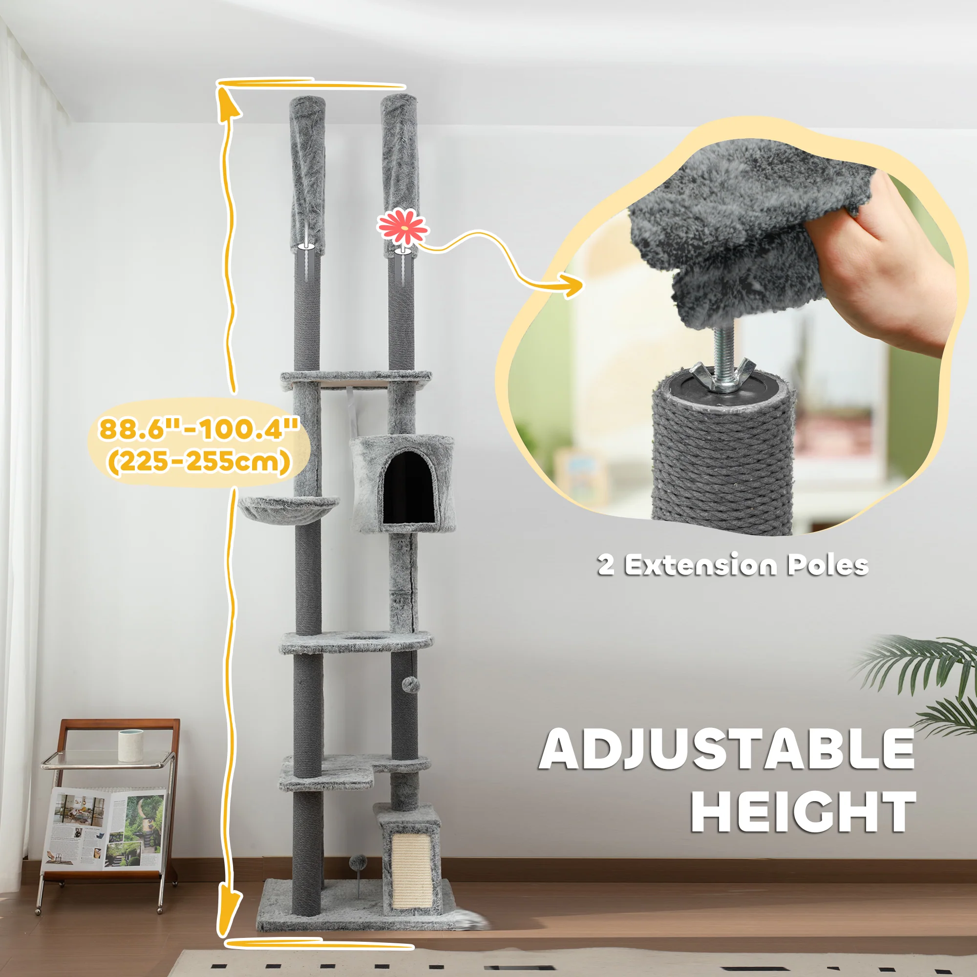 PawHut 225-255cmH Floor-to-Ceiling Cat Tree for Indoor Cats w/ Condo Ramp - Image 3