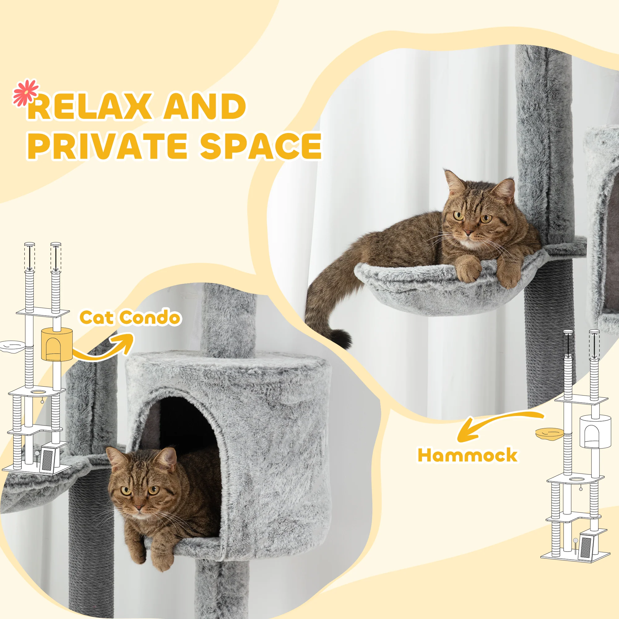PawHut 225-255cmH Floor-to-Ceiling Cat Tree for Indoor Cats w/ Condo Ramp - Image 4