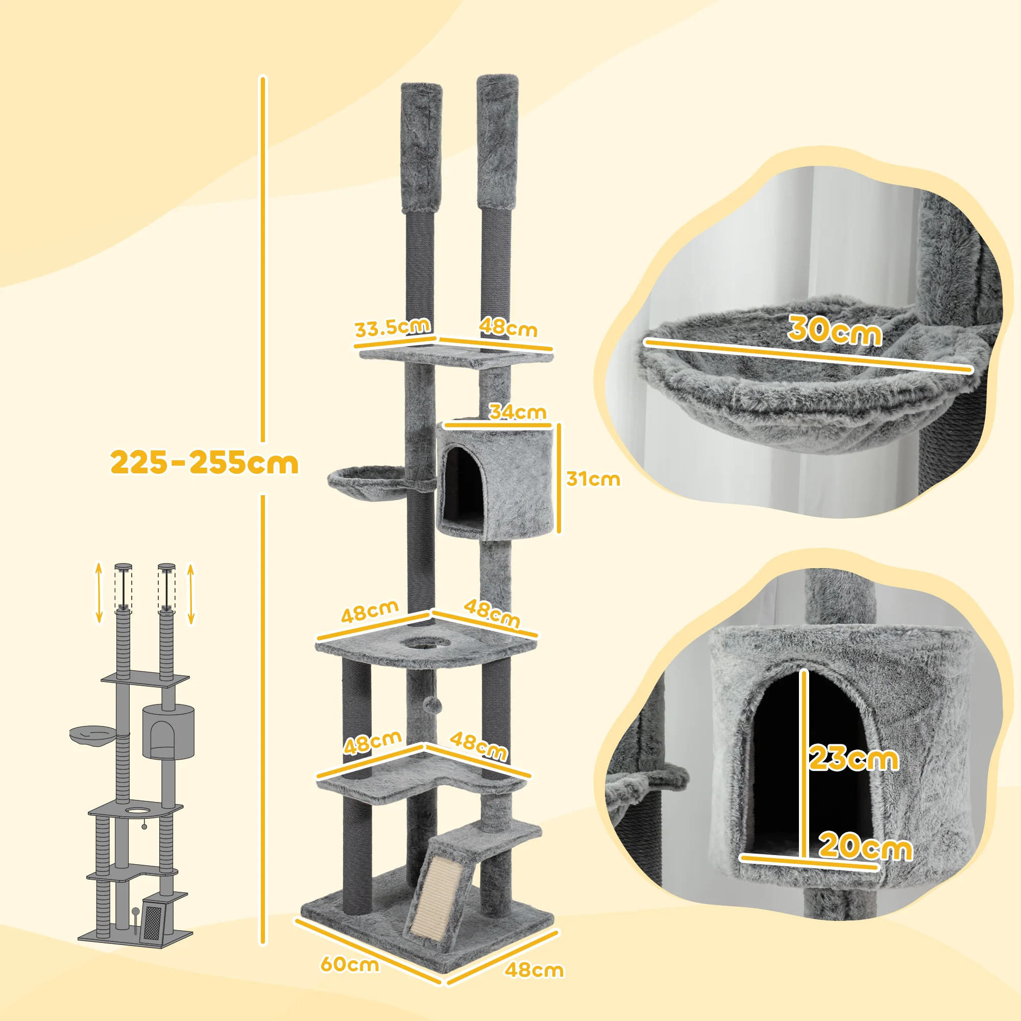 PawHut 225-255cmH Floor-to-Ceiling Cat Tree for Indoor Cats w/ Condo Ramp - Image 5