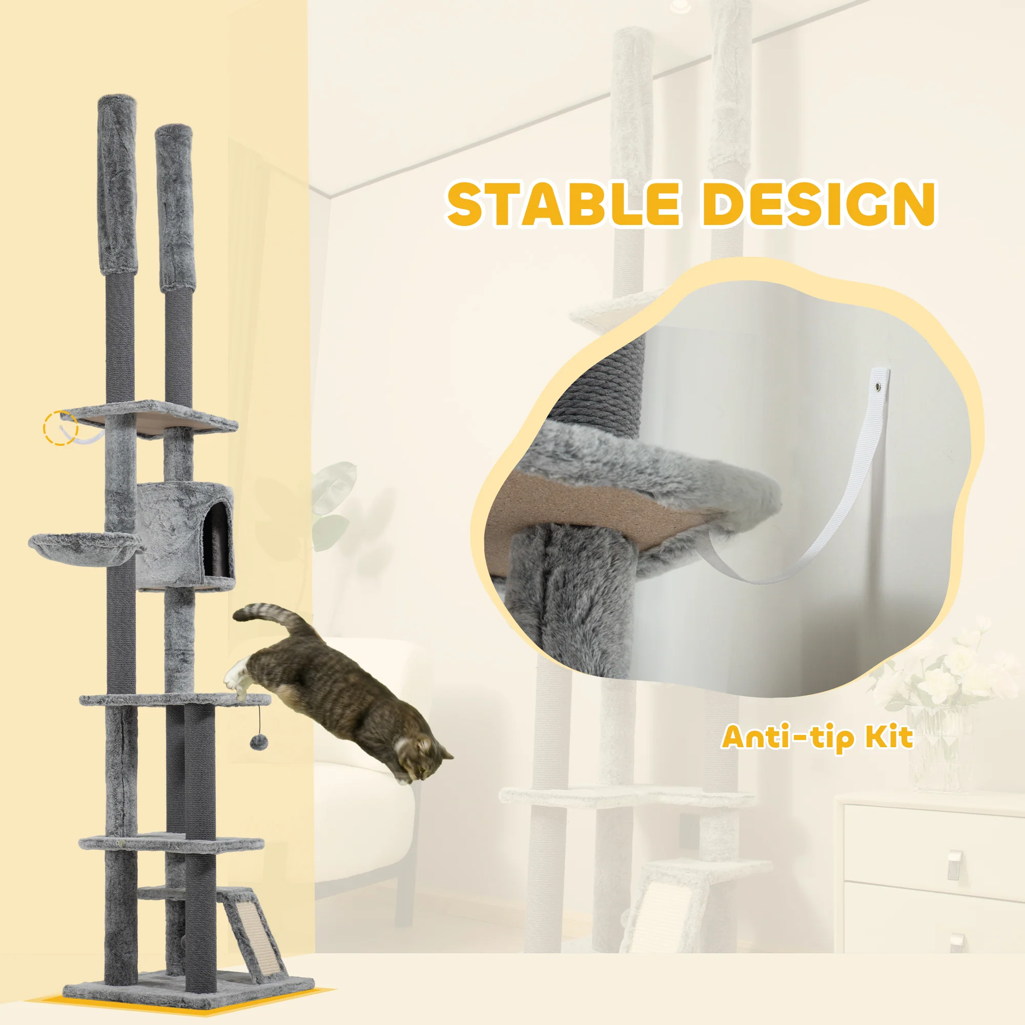 PawHut 225-255cmH Floor-to-Ceiling Cat Tree for Indoor Cats w/ Condo Ramp - Image 7