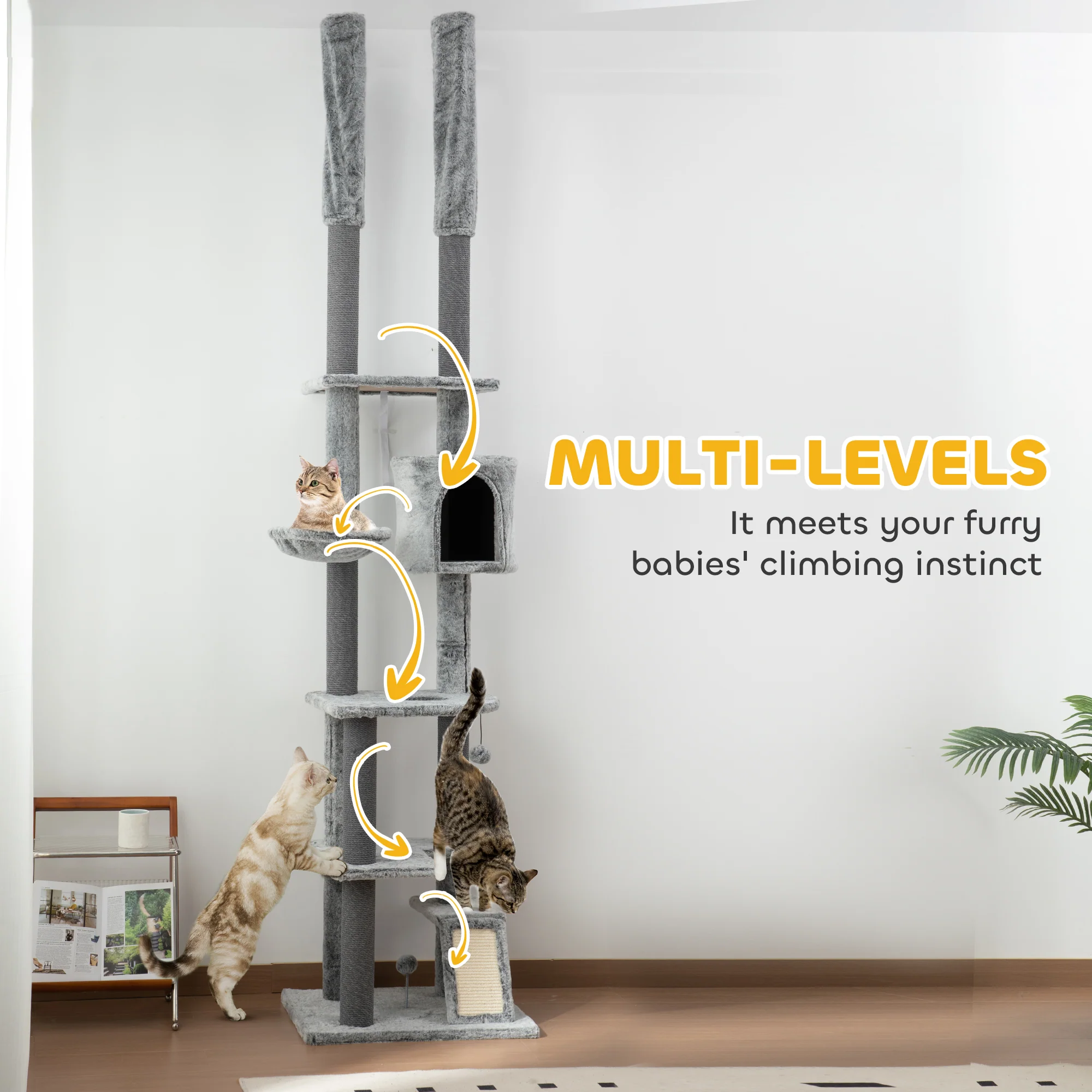PawHut 225-255cmH Floor-to-Ceiling Cat Tree for Indoor Cats w/ Condo Ramp - Image 8