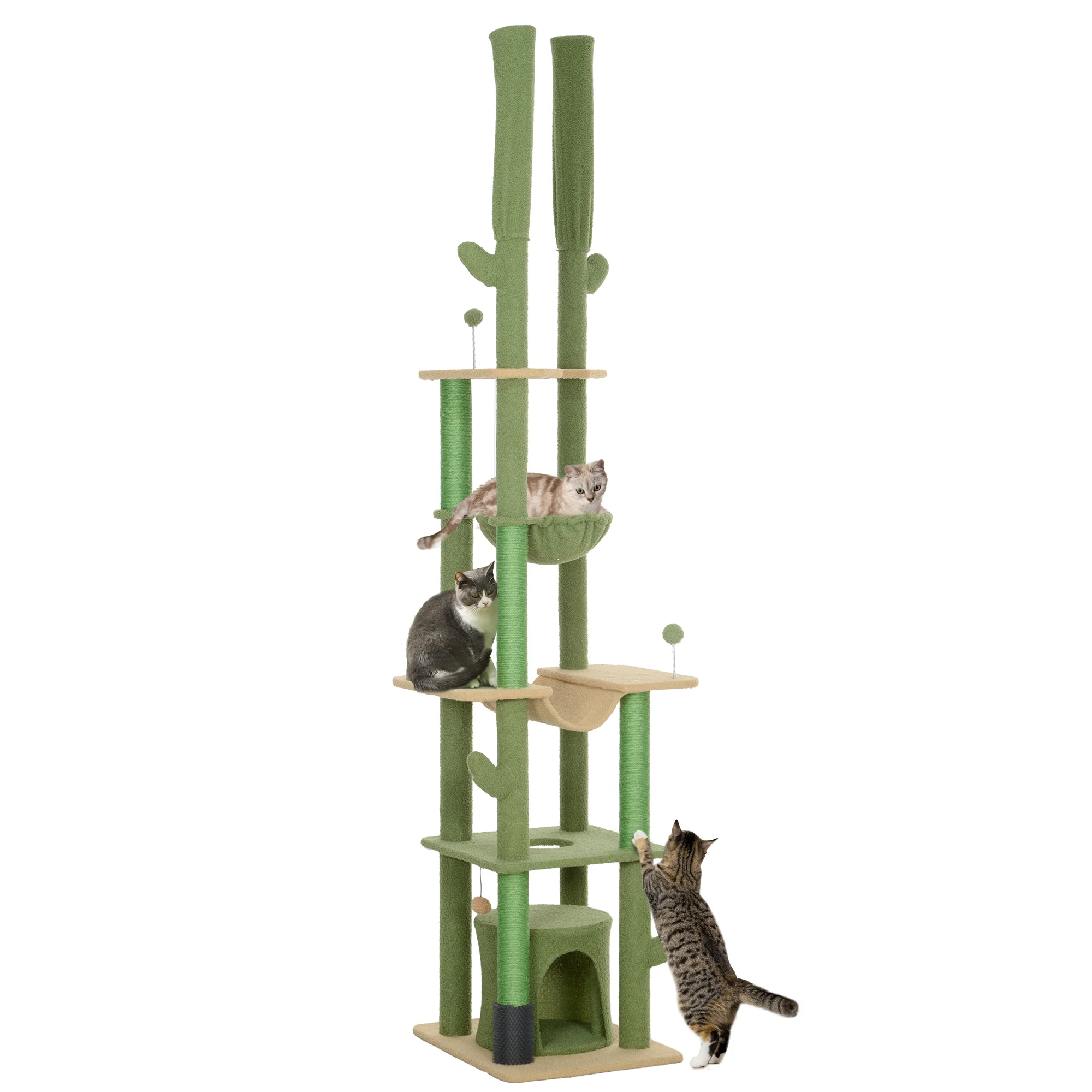 PawHut 225-255Hcm Floor To Ceiling Cat Tree W/ Hammocks, Condo - Green