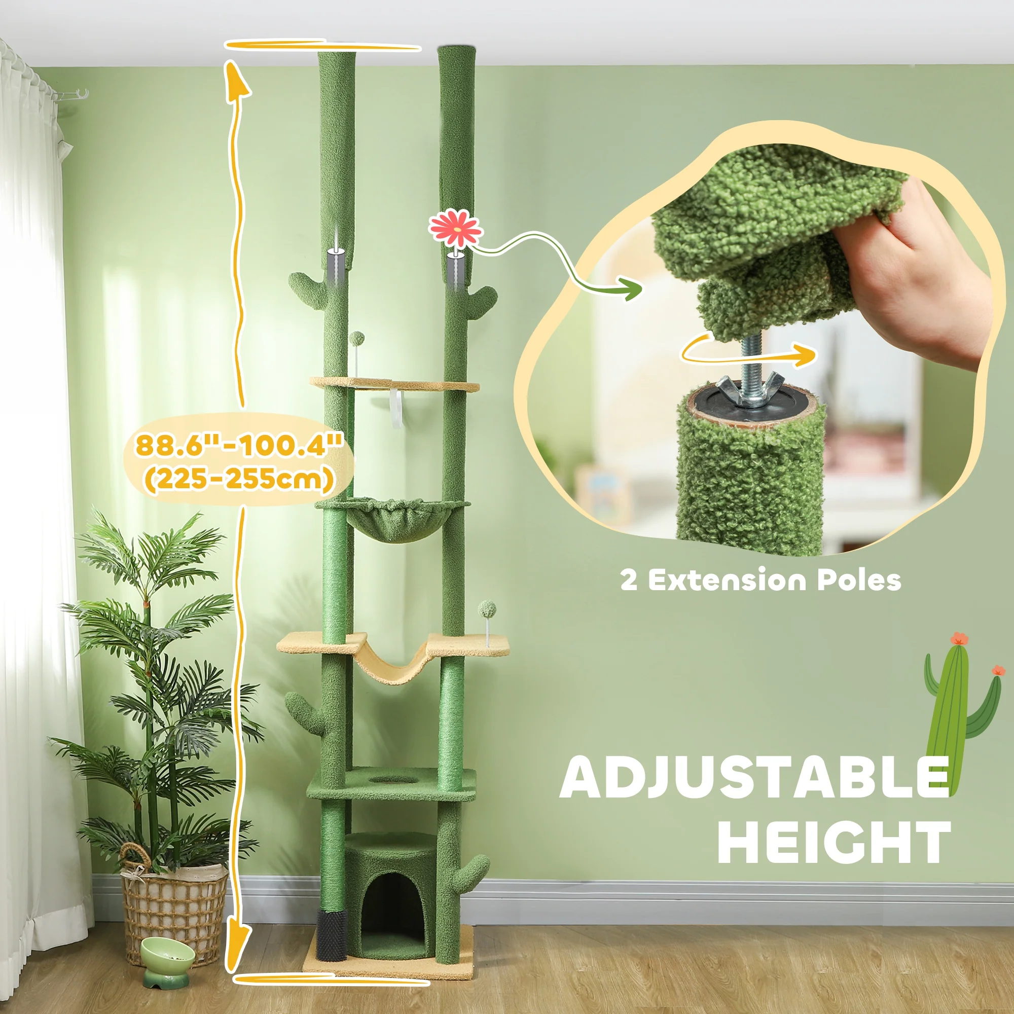 PawHut 225-255Hcm Floor To Ceiling Cat Tree W/ Hammocks, Condo - Green - Image 3