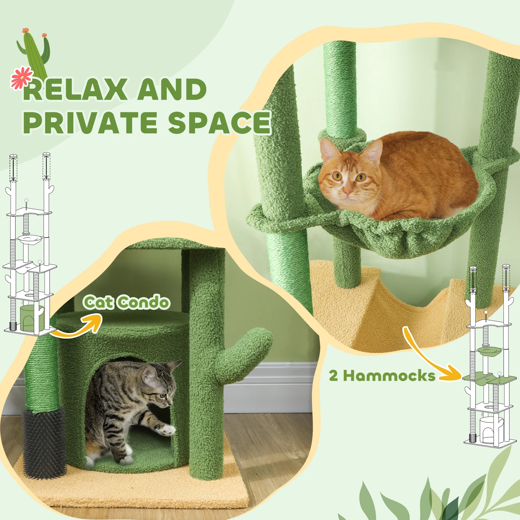 PawHut 225-255Hcm Floor To Ceiling Cat Tree W/ Hammocks, Condo - Green - Image 4