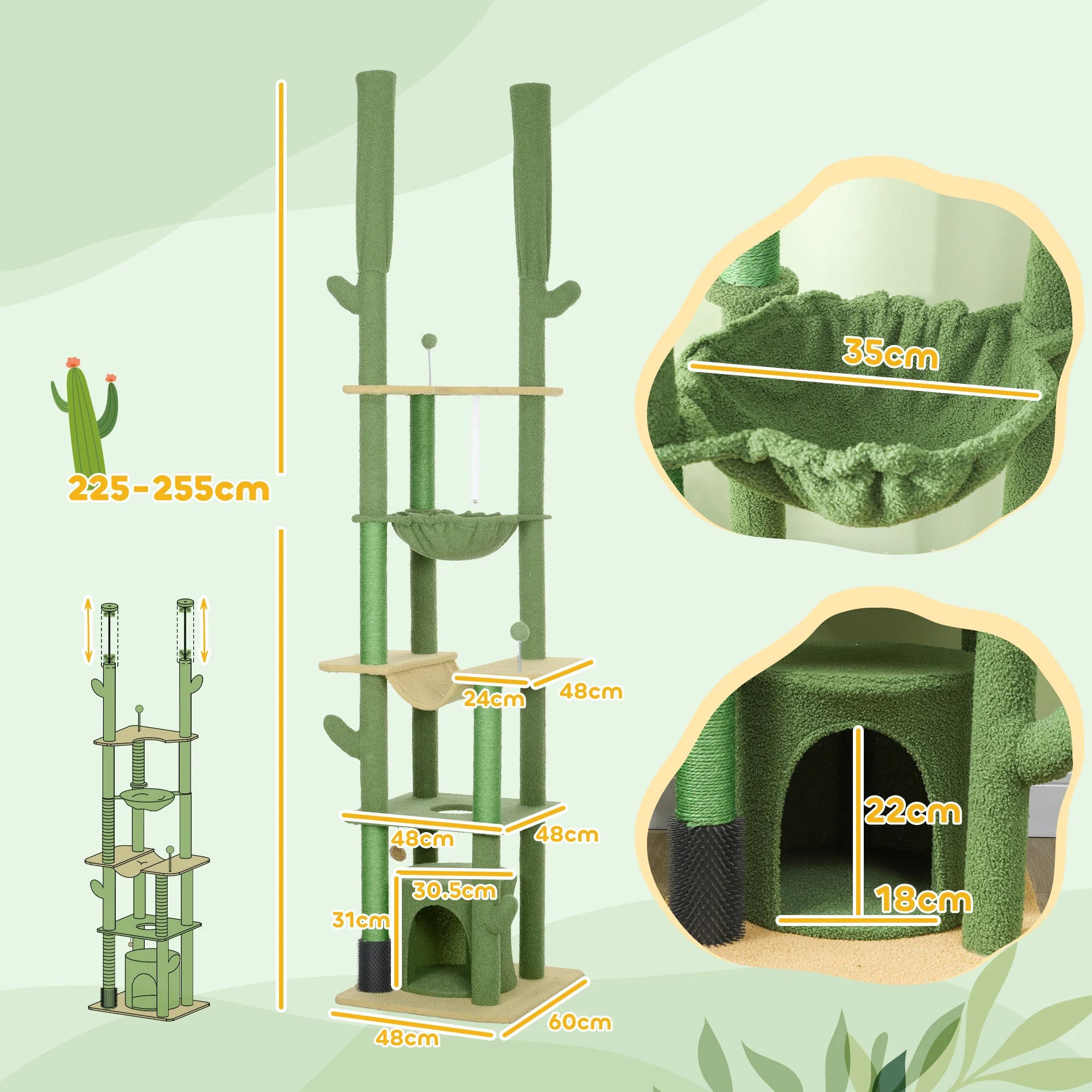 PawHut 225-255Hcm Floor To Ceiling Cat Tree W/ Hammocks, Condo - Green - Image 5