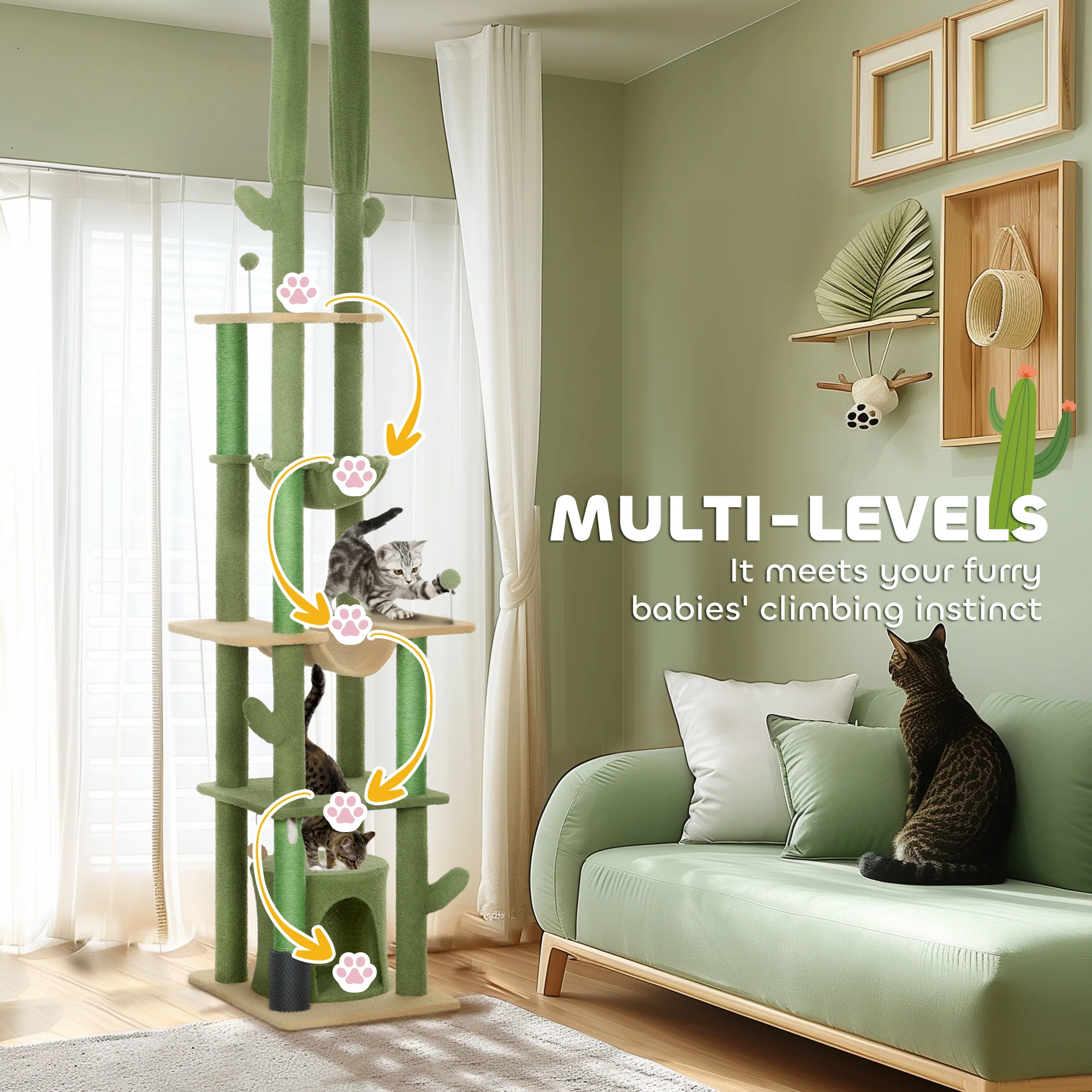 PawHut 225-255Hcm Floor To Ceiling Cat Tree W/ Hammocks, Condo - Green - Image 6
