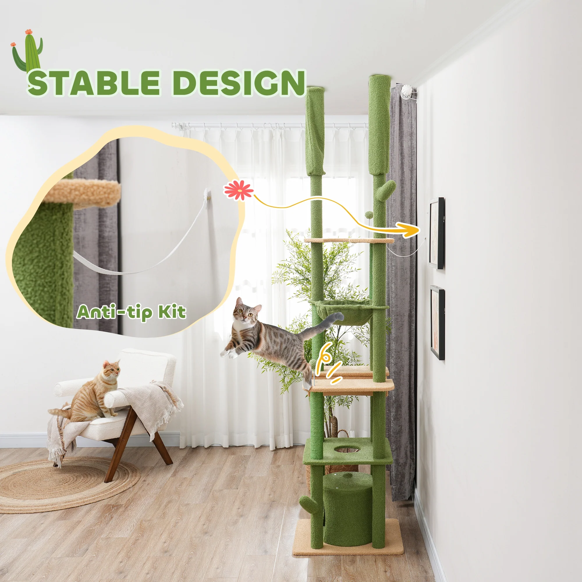 PawHut 225-255Hcm Floor To Ceiling Cat Tree W/ Hammocks, Condo - Green - Image 7