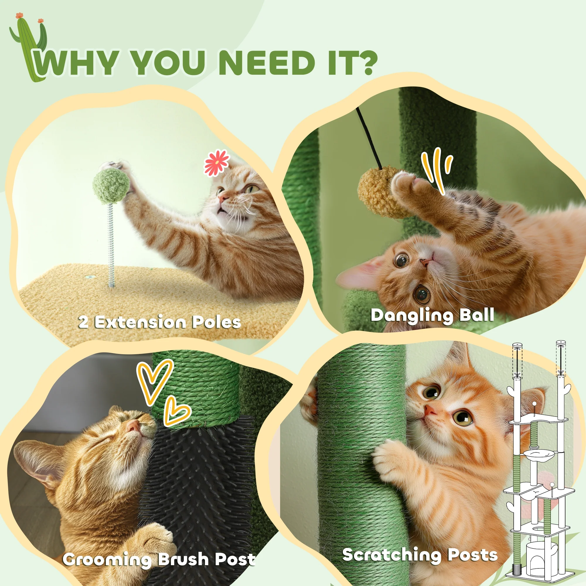 PawHut 225-255Hcm Floor To Ceiling Cat Tree W/ Hammocks, Condo - Green - Image 8