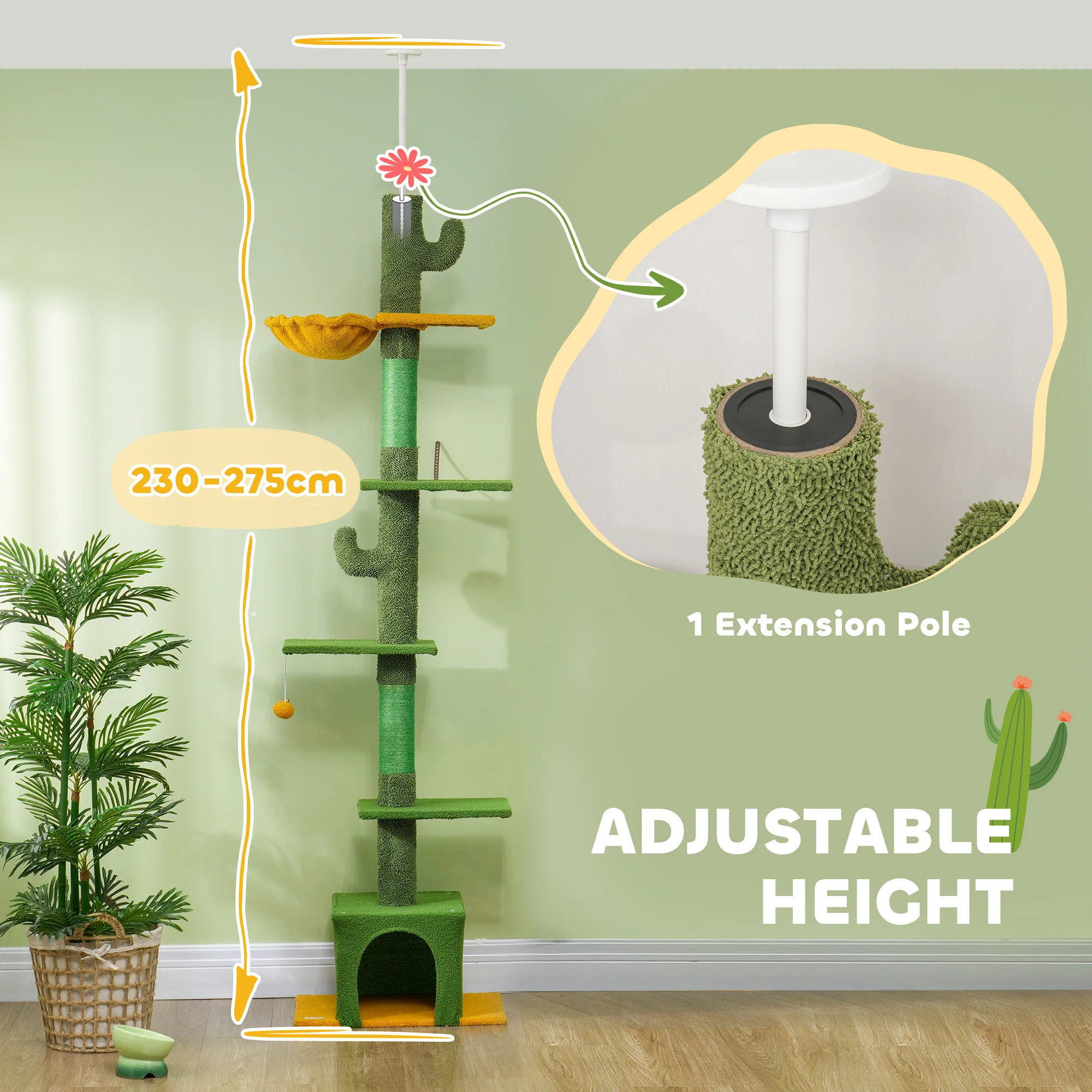 PawHut 230-275cm Floor-to-Ceiling Cat Tree For Indoor Cats With Cat House - Image 3