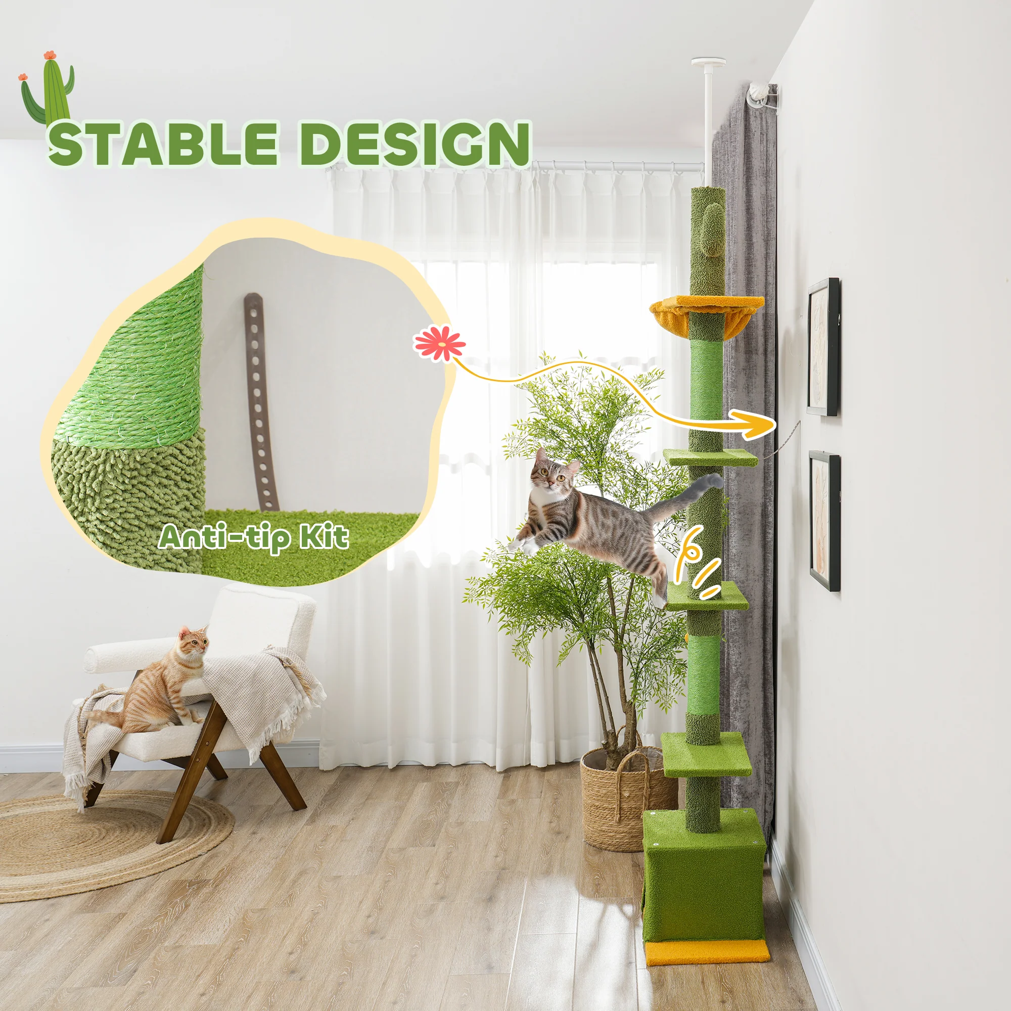 PawHut 230-275cm Floor-to-Ceiling Cat Tree For Indoor Cats With Cat House - Image 4