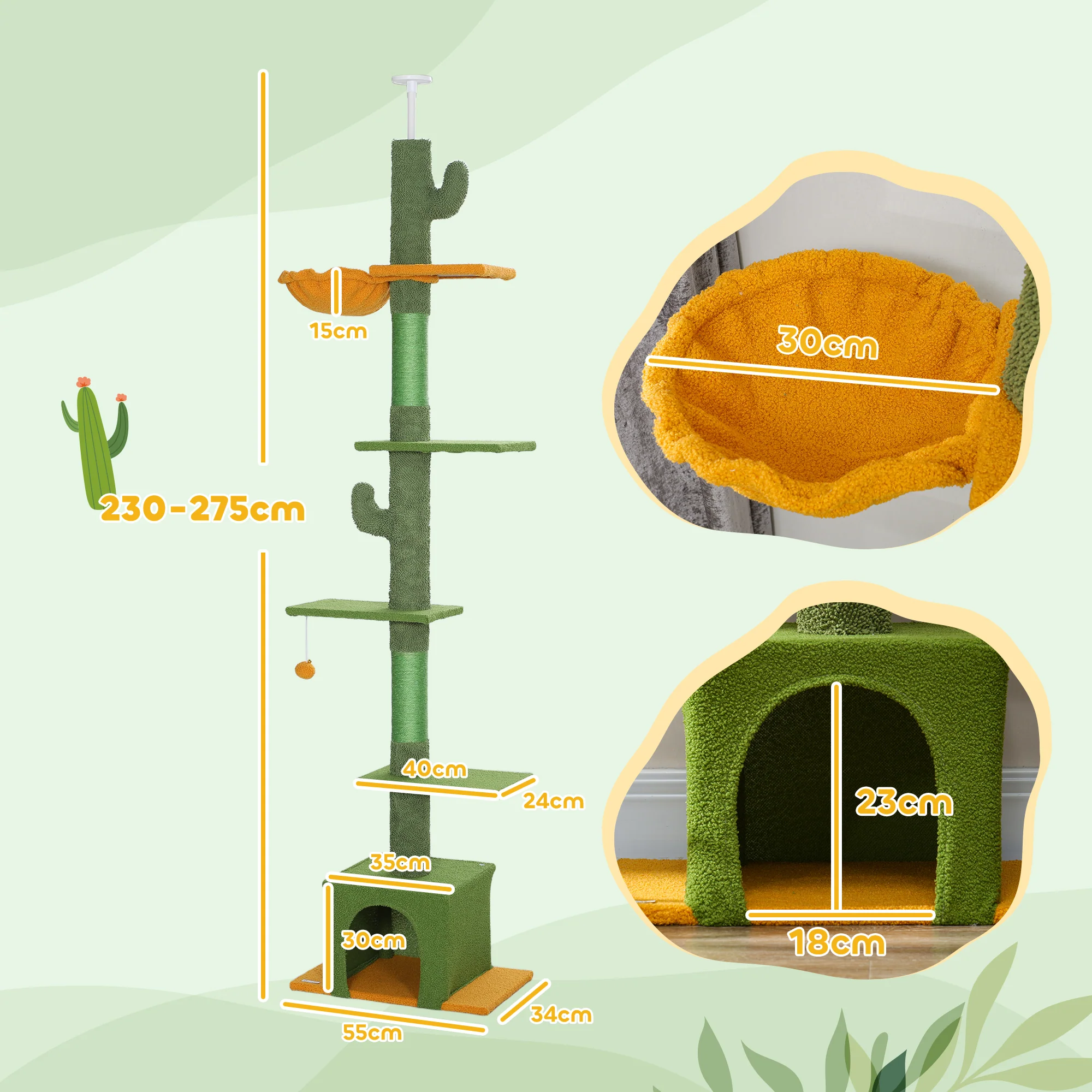 PawHut 230-275cm Floor-to-Ceiling Cat Tree For Indoor Cats With Cat House - Image 5