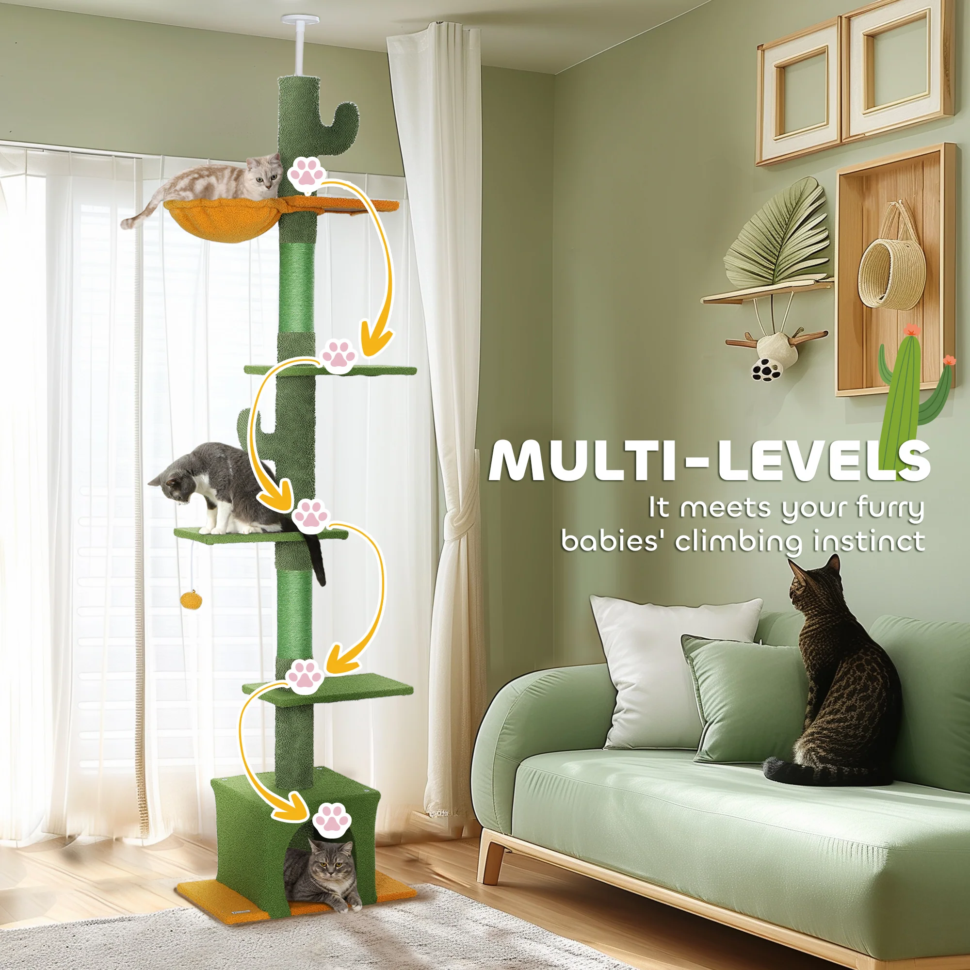 PawHut 230-275cm Floor-to-Ceiling Cat Tree For Indoor Cats With Cat House - Image 6