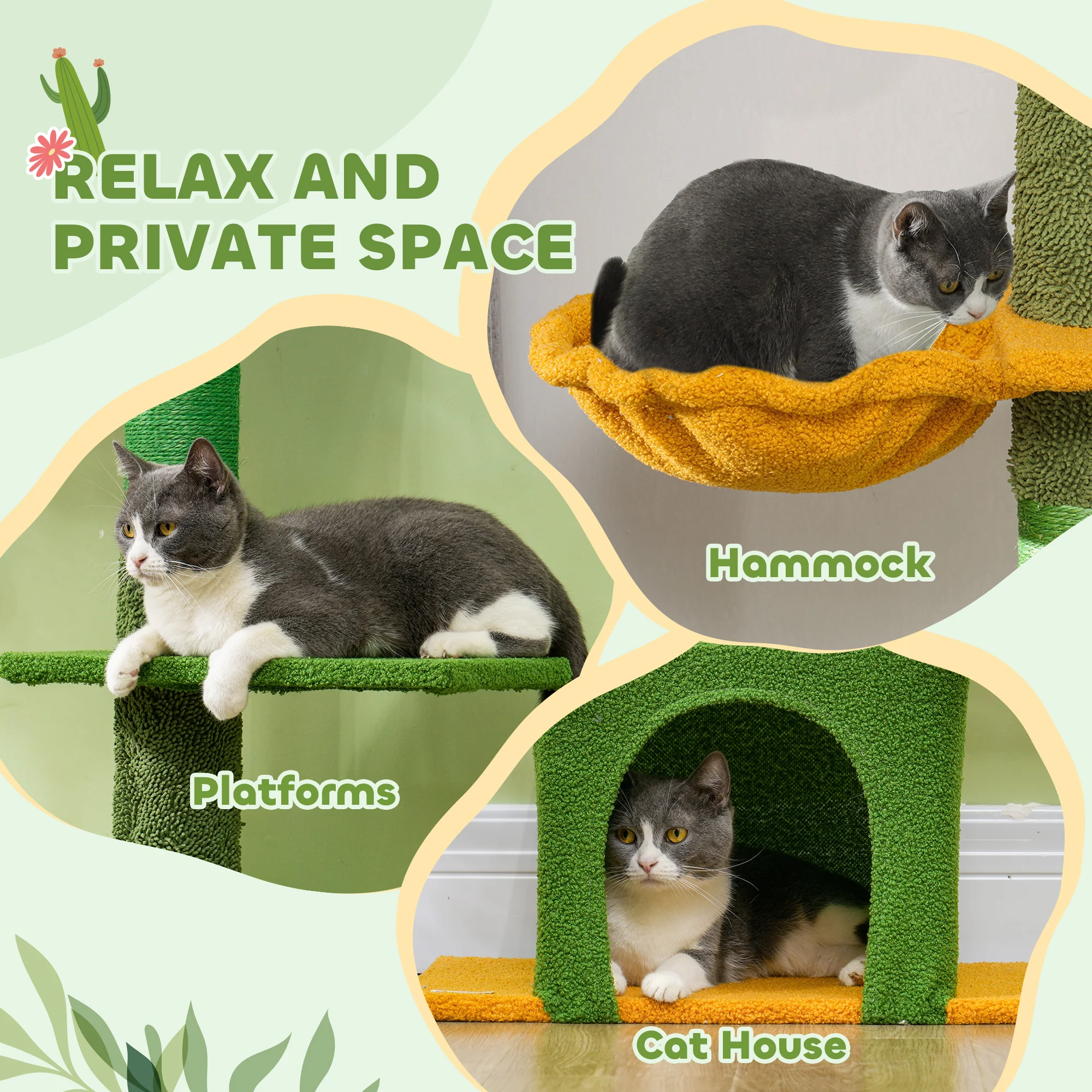 PawHut 230-275cm Floor-to-Ceiling Cat Tree For Indoor Cats With Cat House - Image 7