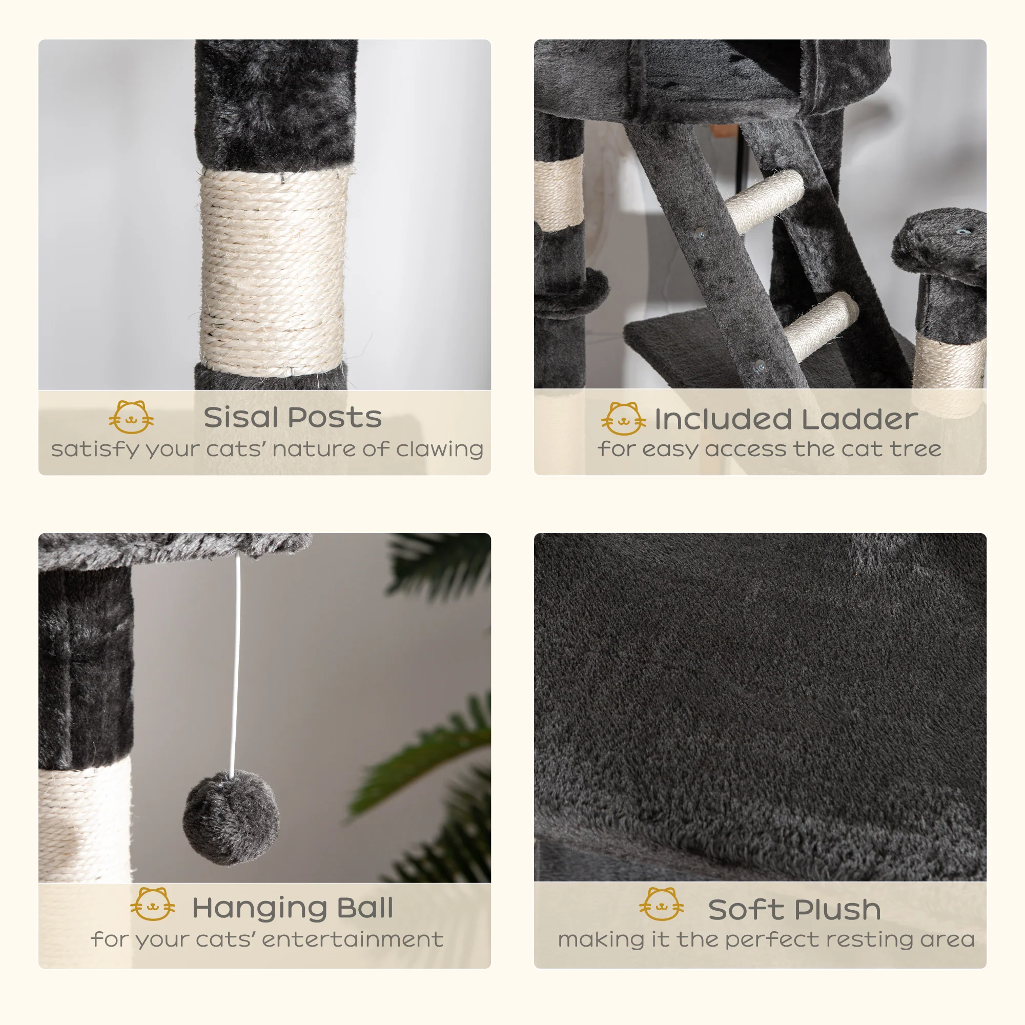 PawHut 240-260cm Floor To Ceiling Cat Tree With Scratching Posts - Dark Grey - Image 3