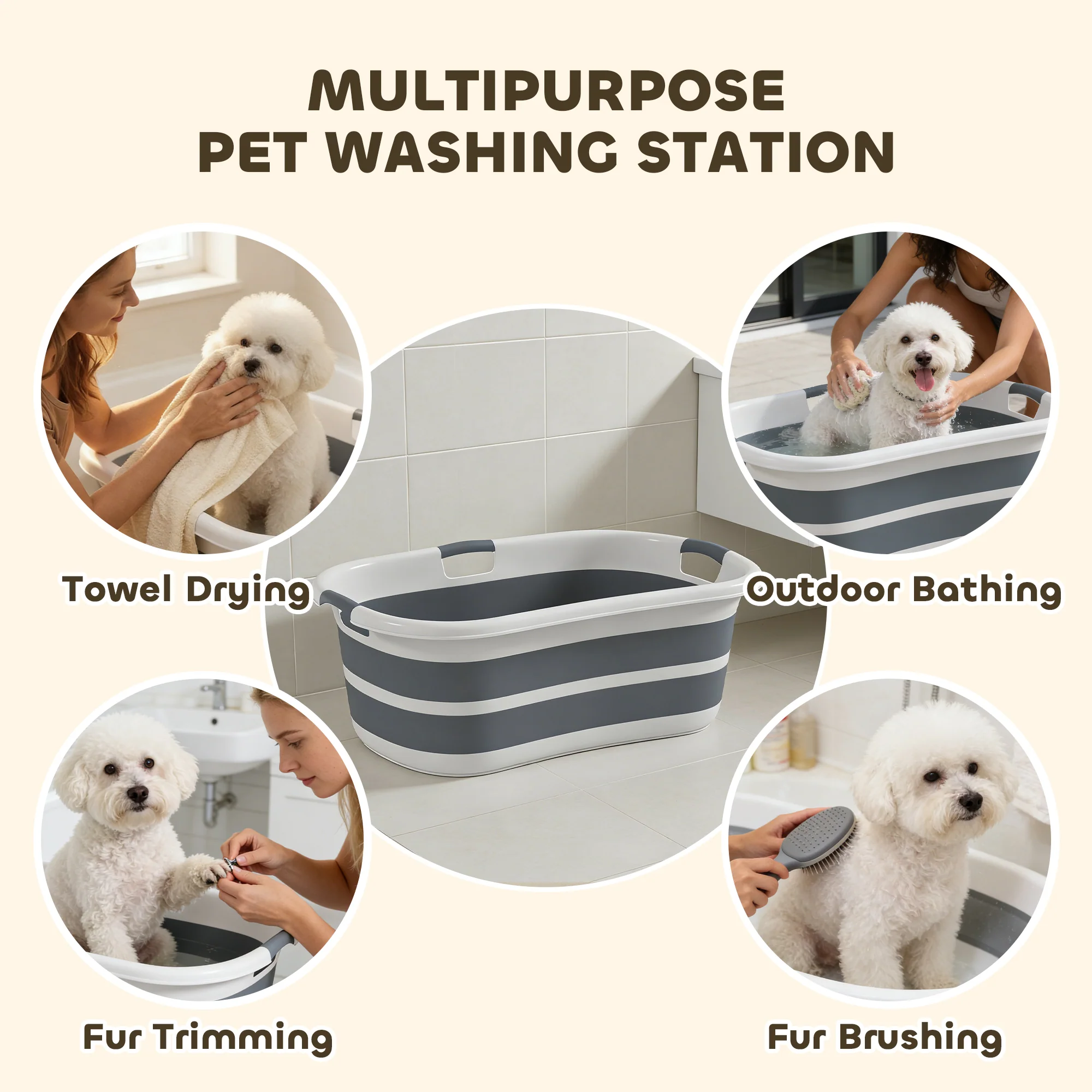 PawHut 27L Dog Bath Tub Foldable Pet Bathtub With Drain Hole Grey - Image 3