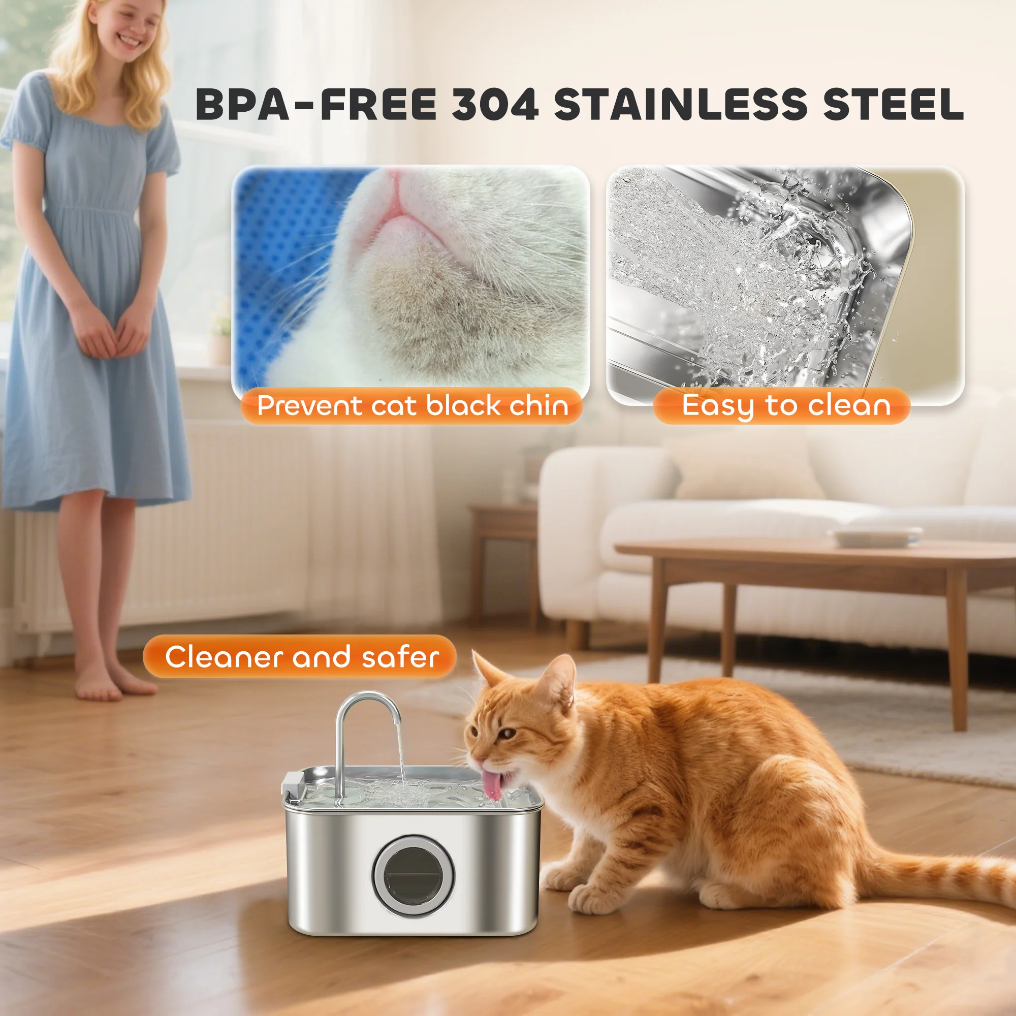 PawHut 3.2L Cat Water Fountain For Drinking Stainless Steel Ultra-Silent - Image 3