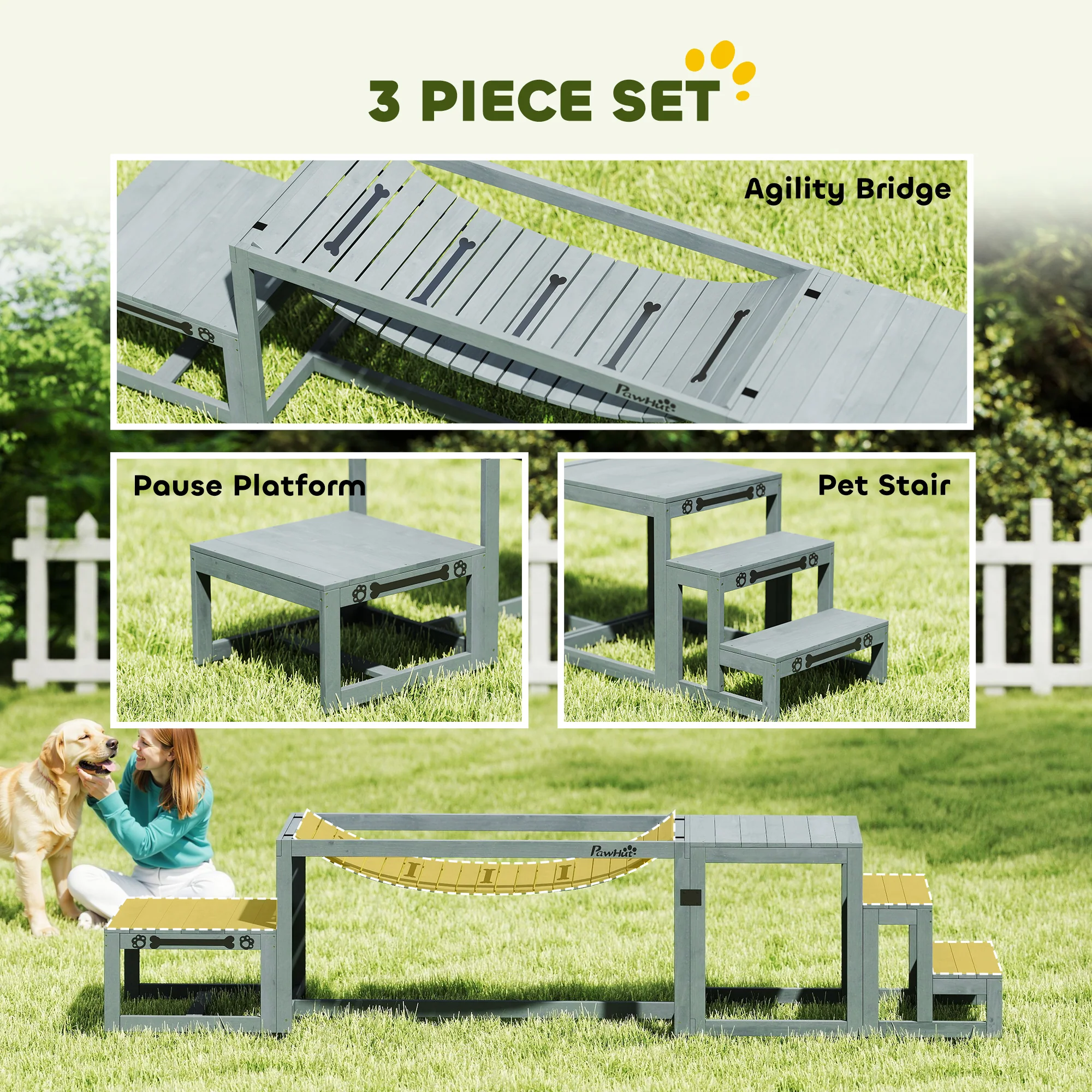 PawHut 3 Pieces Wooden Dog Agility Training Equipment, Grey - Image 3