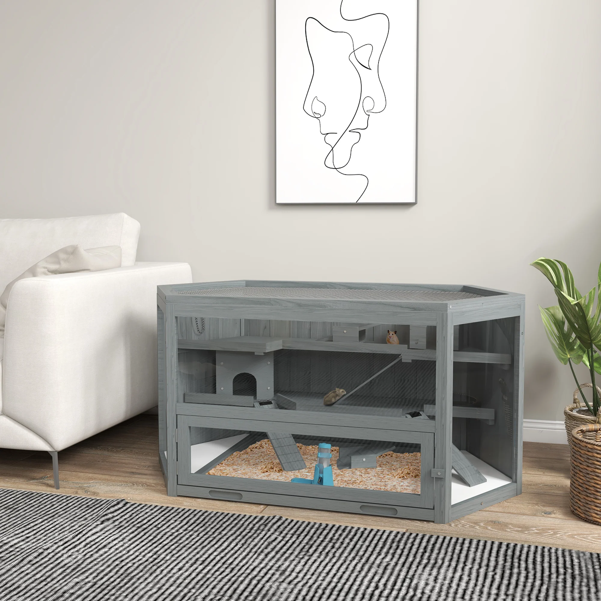 PawHut 3 Tier Wooden Hamster Cage Gerbil Play Centre W/ Sliding Tray Ramps - Image 2