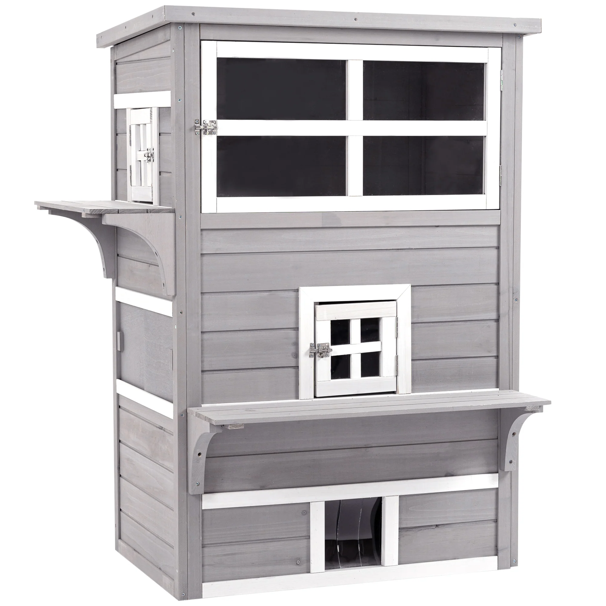 PawHut 3-Tier Wooden Kitten Shelter for Indoor, Outdoor - Grey