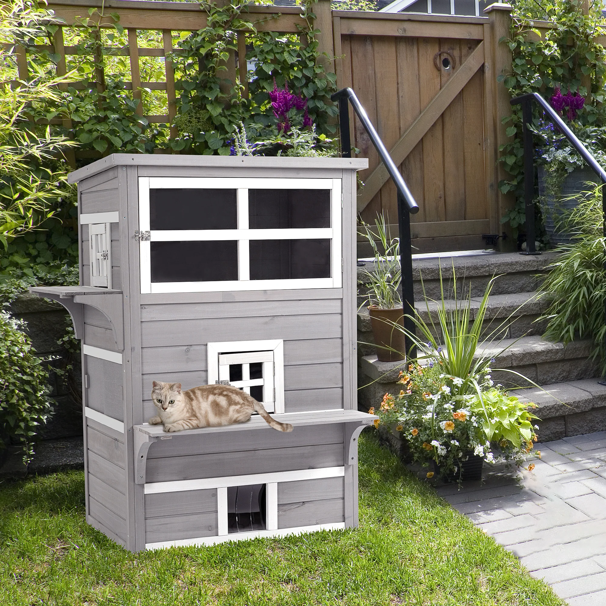 PawHut 3-Tier Wooden Kitten Shelter for Indoor, Outdoor - Grey - Image 2