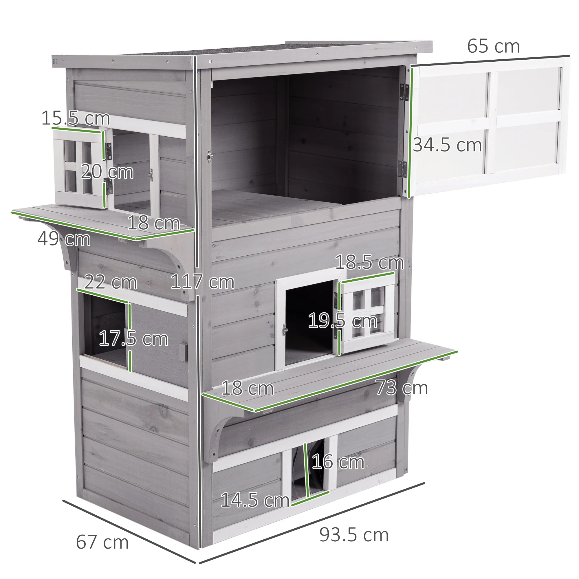 PawHut 3-Tier Wooden Kitten Shelter for Indoor, Outdoor - Grey - Image 5