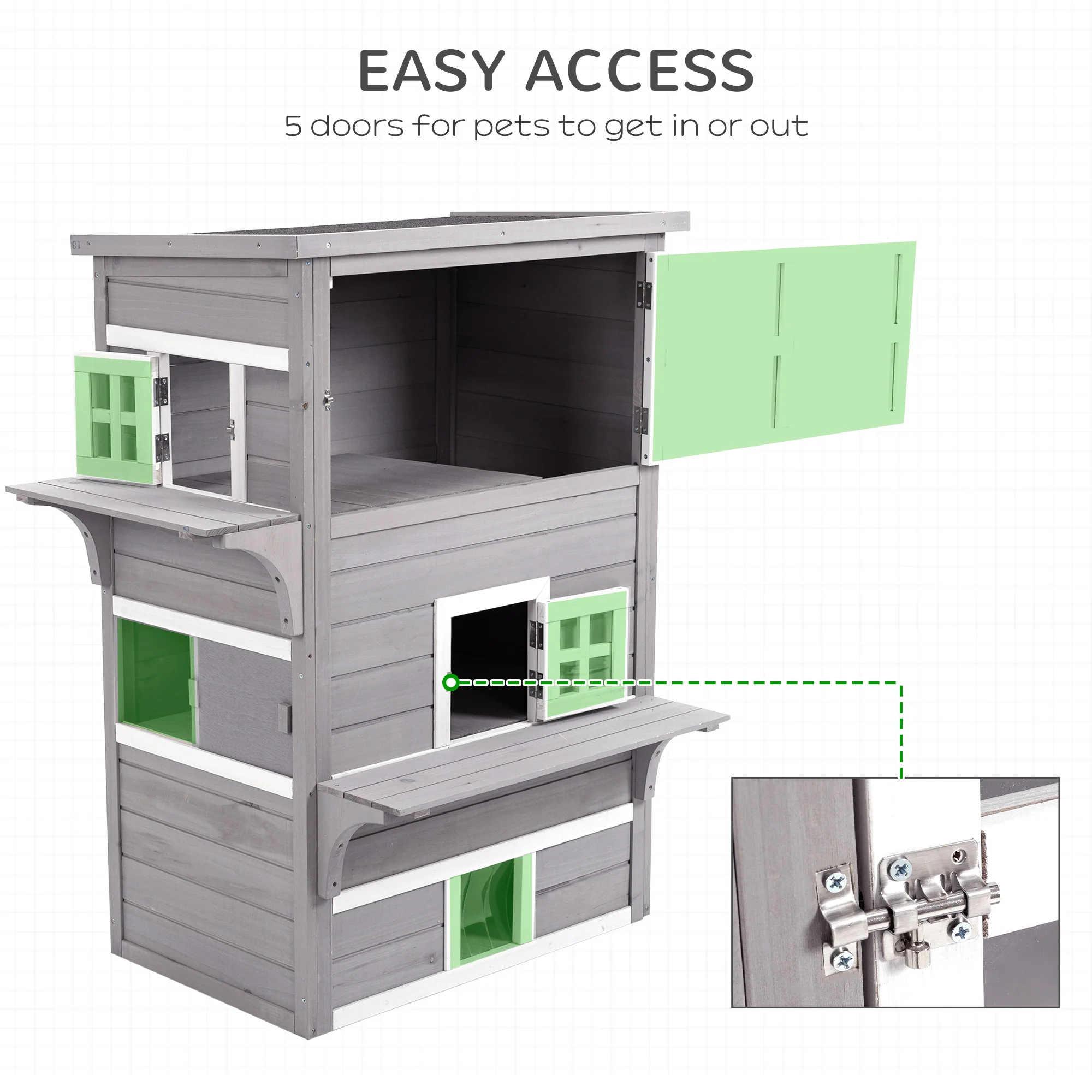 PawHut 3-Tier Wooden Kitten Shelter for Indoor, Outdoor - Grey - Image 6