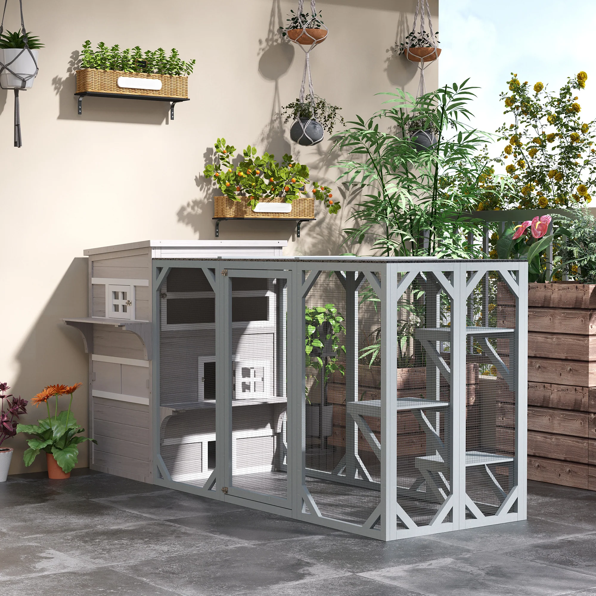 PawHut 3-Tier Wooden Kitten Shelter for Indoor, Outdoor - Grey - Image 8