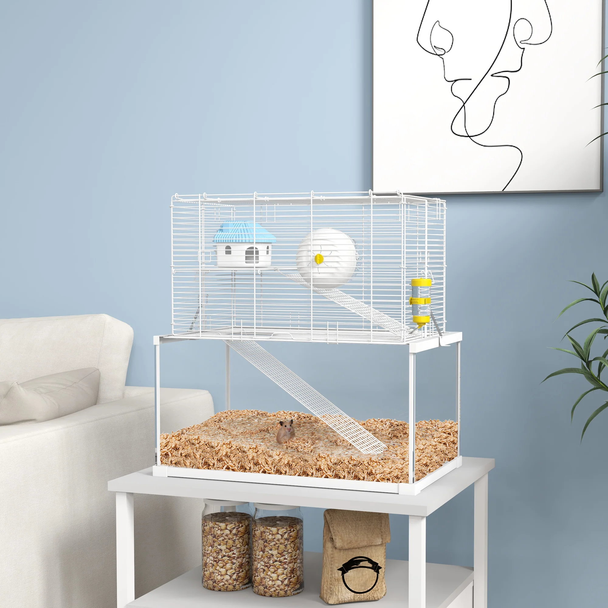 PawHut 3 Tiers Hamster Cage w/ Ramps Platforms Hut Exercise Wheel Water Bottle - Image 2
