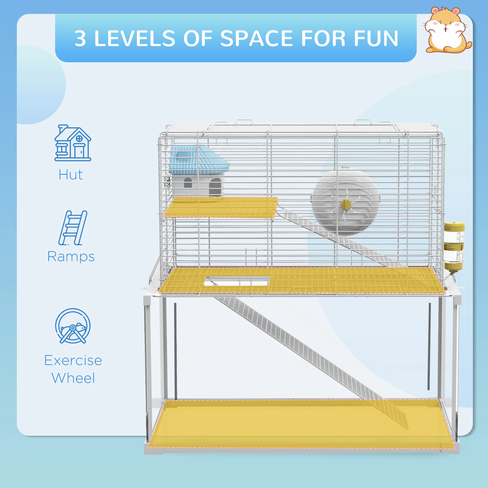PawHut 3 Tiers Hamster Cage w/ Ramps Platforms Hut Exercise Wheel Water Bottle - Image 3