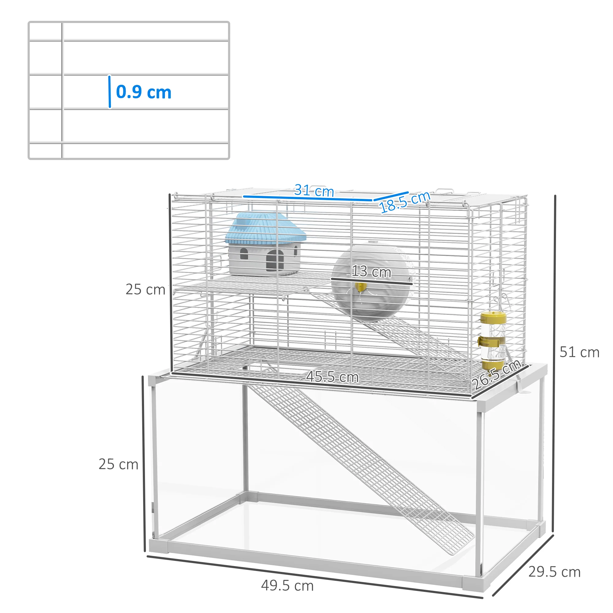 PawHut 3 Tiers Hamster Cage w/ Ramps Platforms Hut Exercise Wheel Water Bottle - Image 5