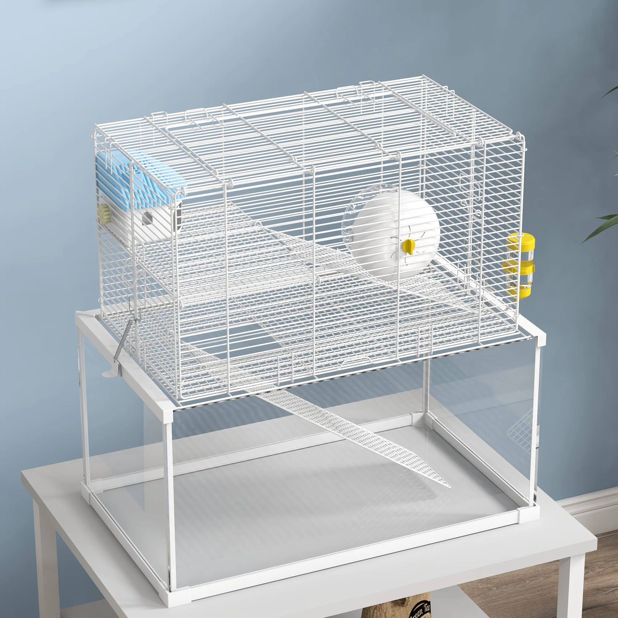 PawHut 3 Tiers Hamster Cage w/ Ramps Platforms Hut Exercise Wheel Water Bottle - Image 9