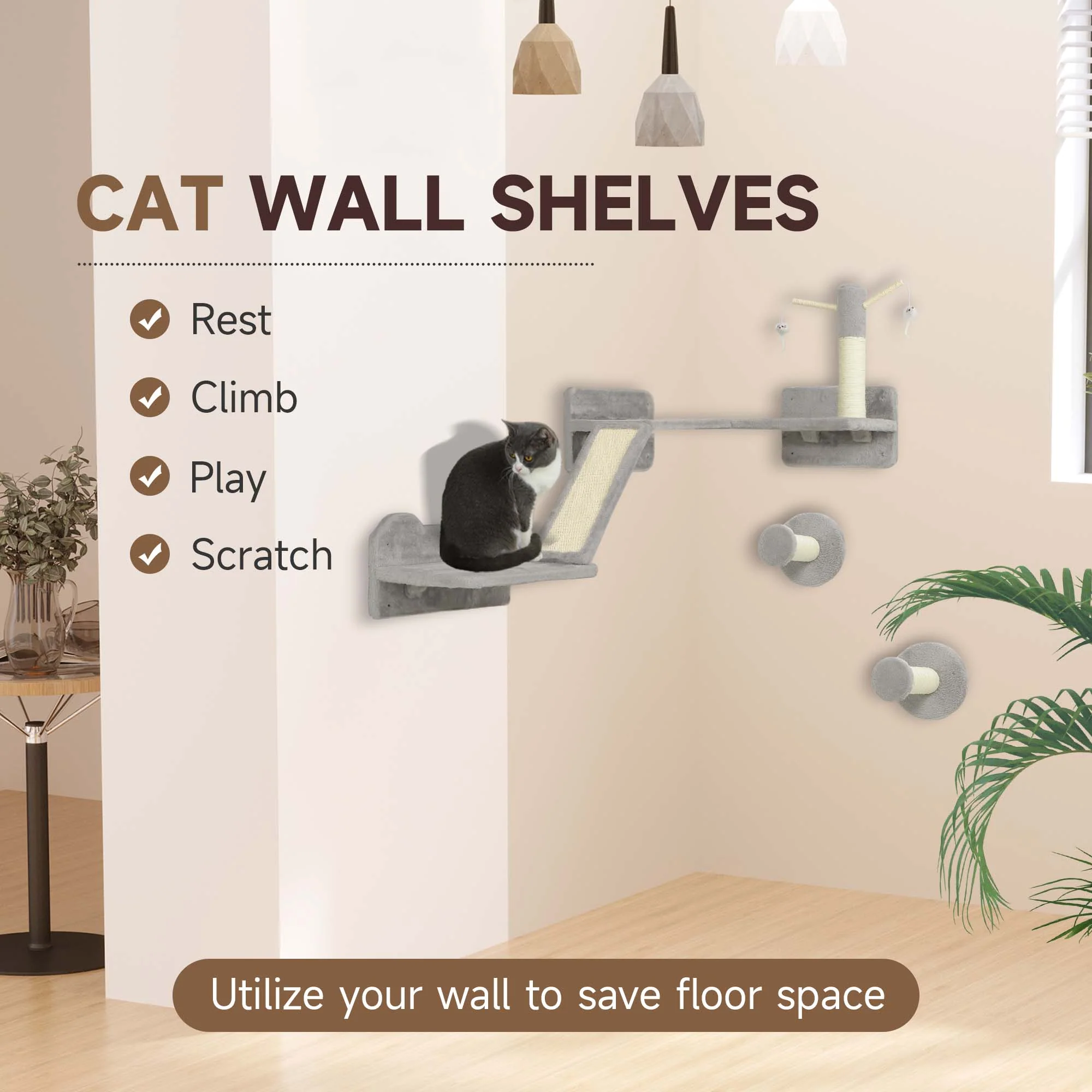 PawHut 3PCs Corner Design Cat Wall Shelves Furniture, Light Grey - Image 3