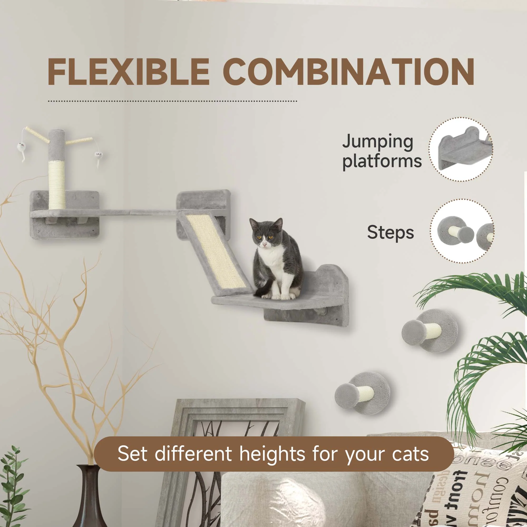 PawHut 3PCs Corner Design Cat Wall Shelves Furniture, Light Grey - Image 4