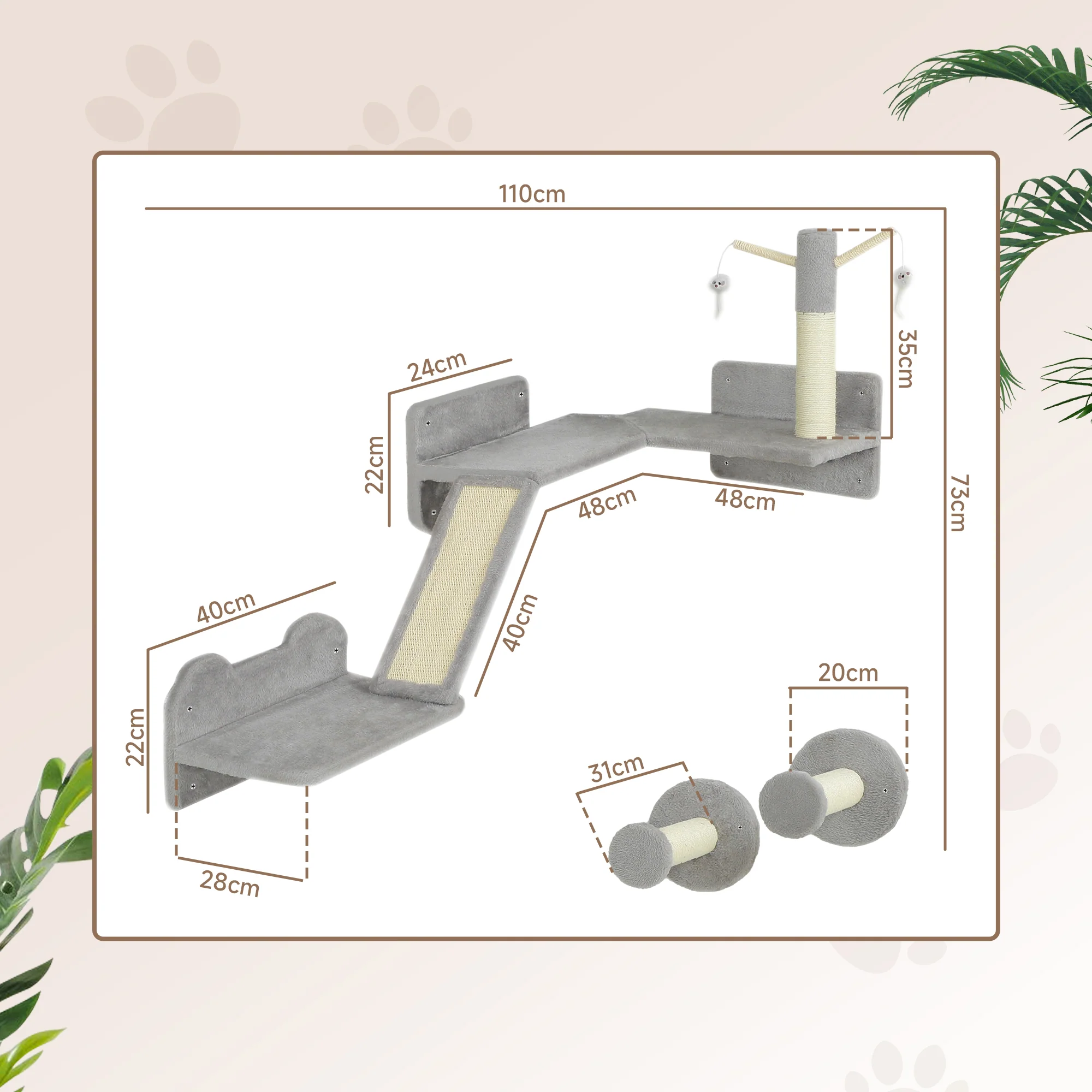 PawHut 3PCs Corner Design Cat Wall Shelves Furniture, Light Grey - Image 5