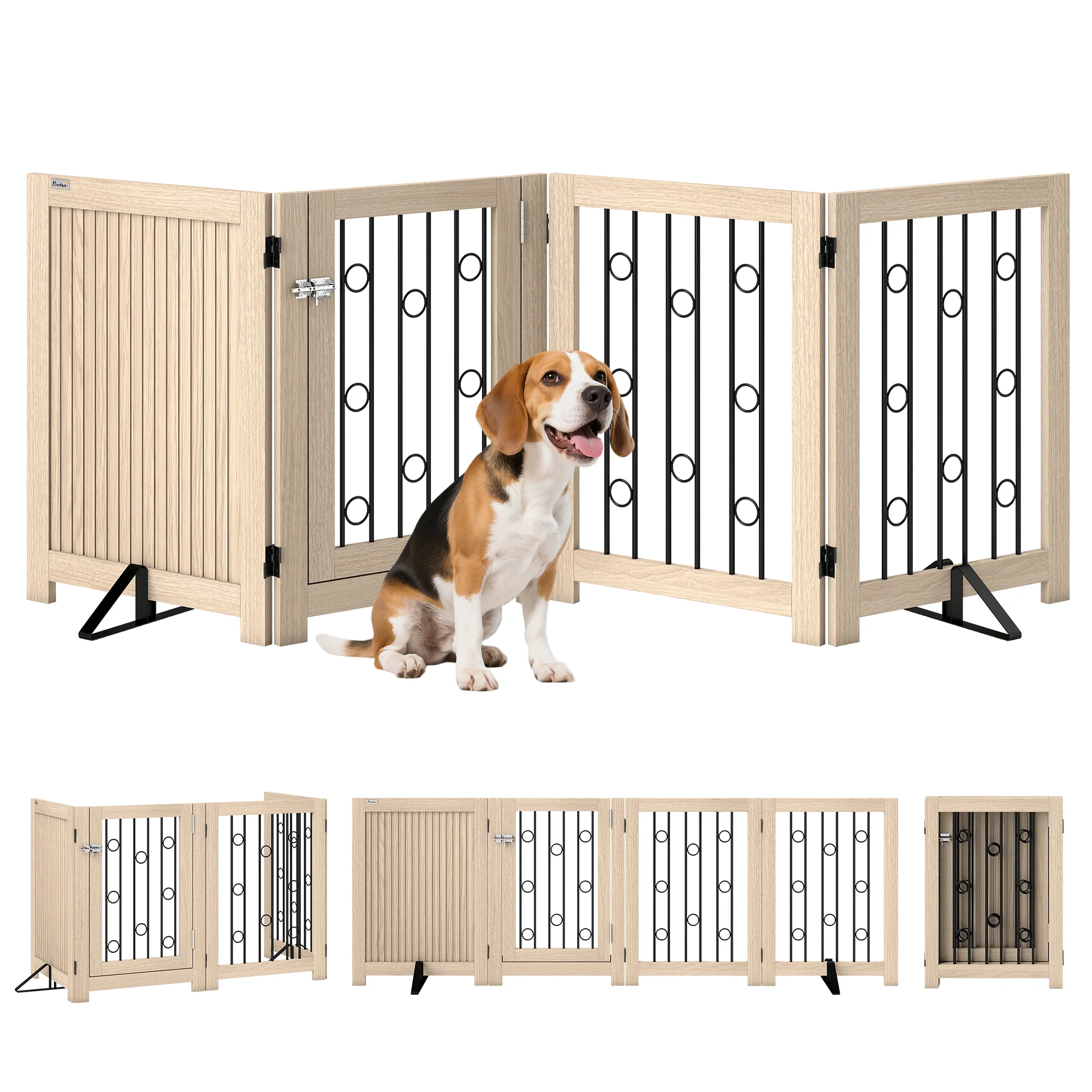 PawHut 4 Panel Freestanding Pet Gate Foldable with Door for Stairs, Doorway