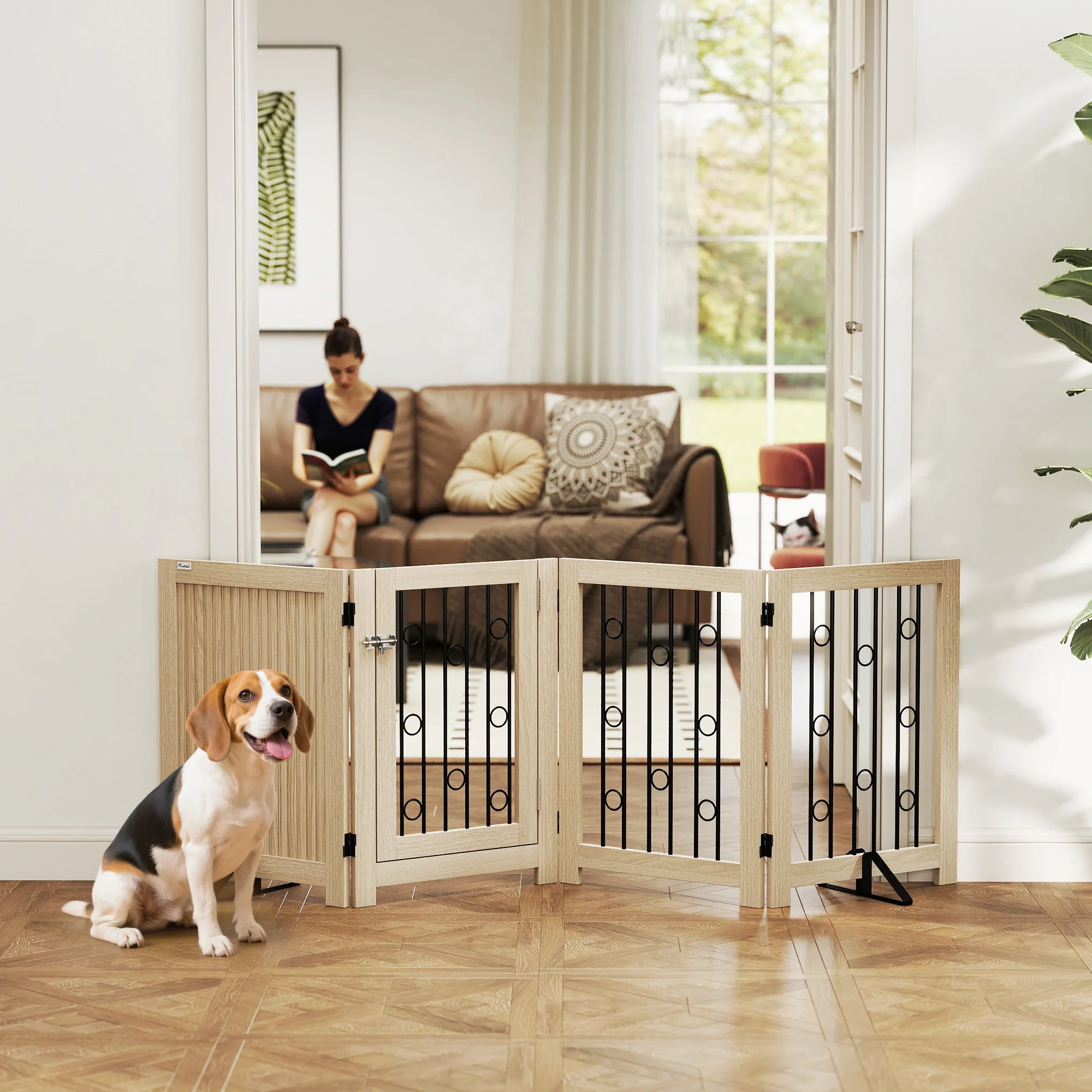 PawHut 4 Panel Freestanding Pet Gate Foldable with Door for Stairs, Doorway - Image 2