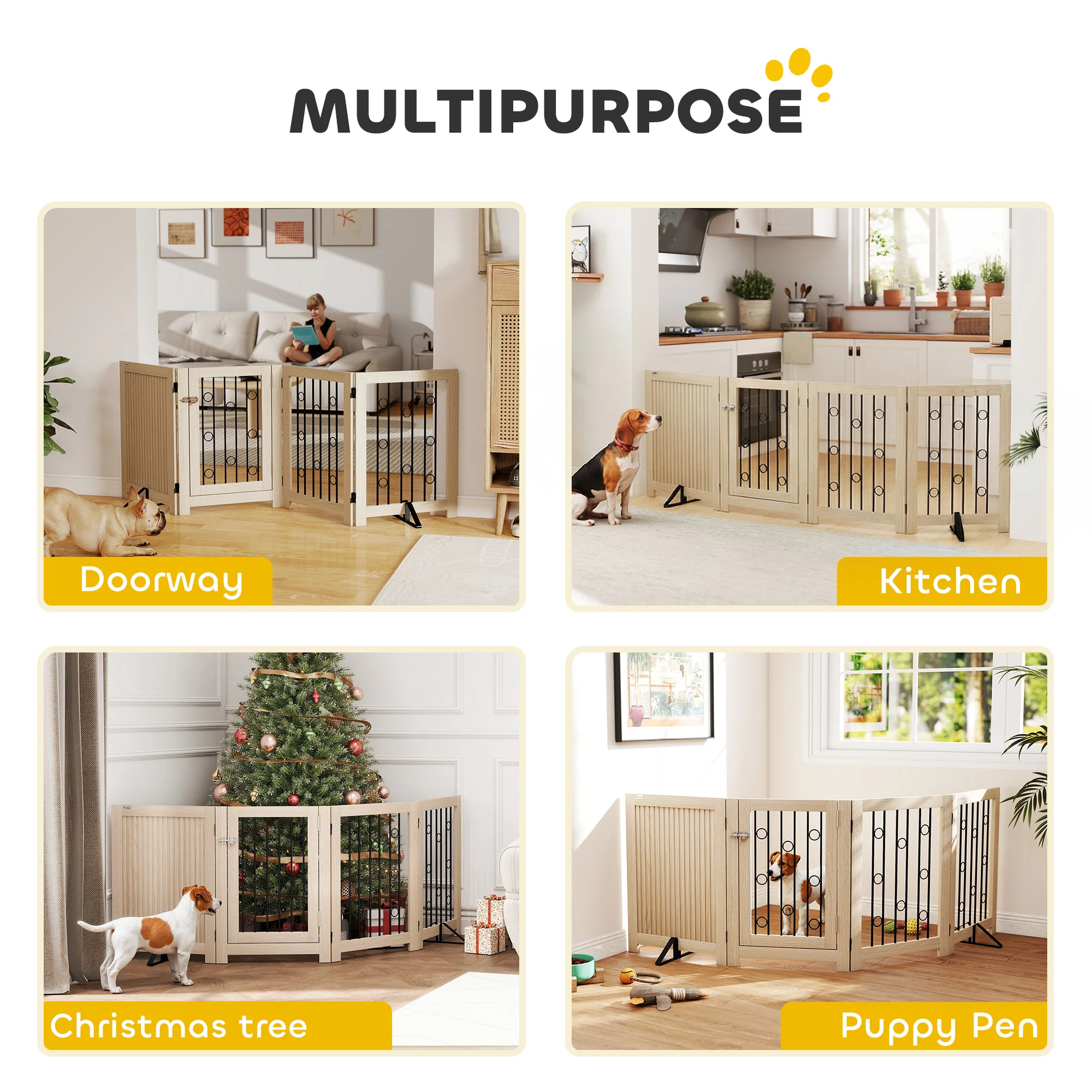 PawHut 4 Panel Freestanding Pet Gate Foldable with Door for Stairs, Doorway - Image 3