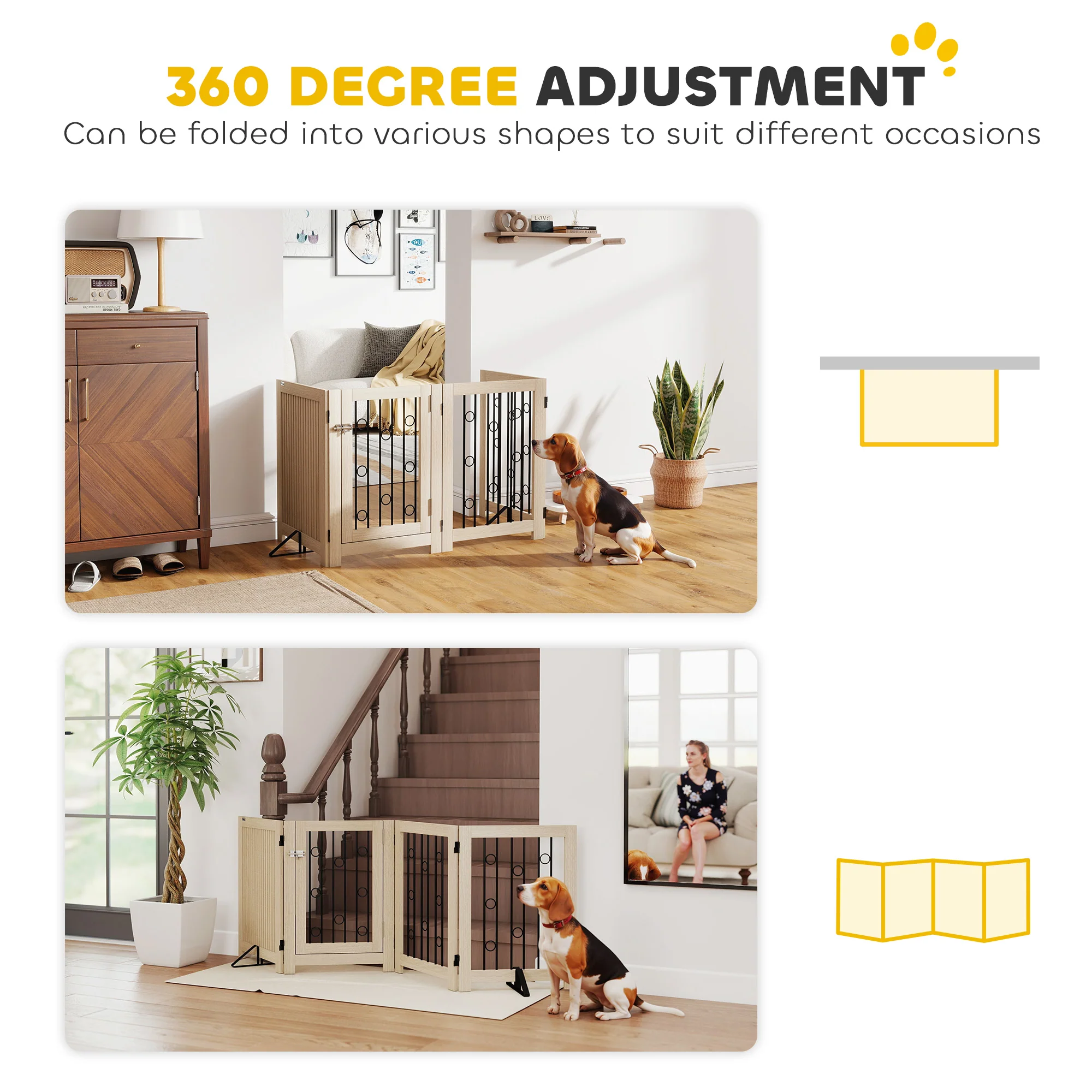 PawHut 4 Panel Freestanding Pet Gate Foldable with Door for Stairs, Doorway - Image 4
