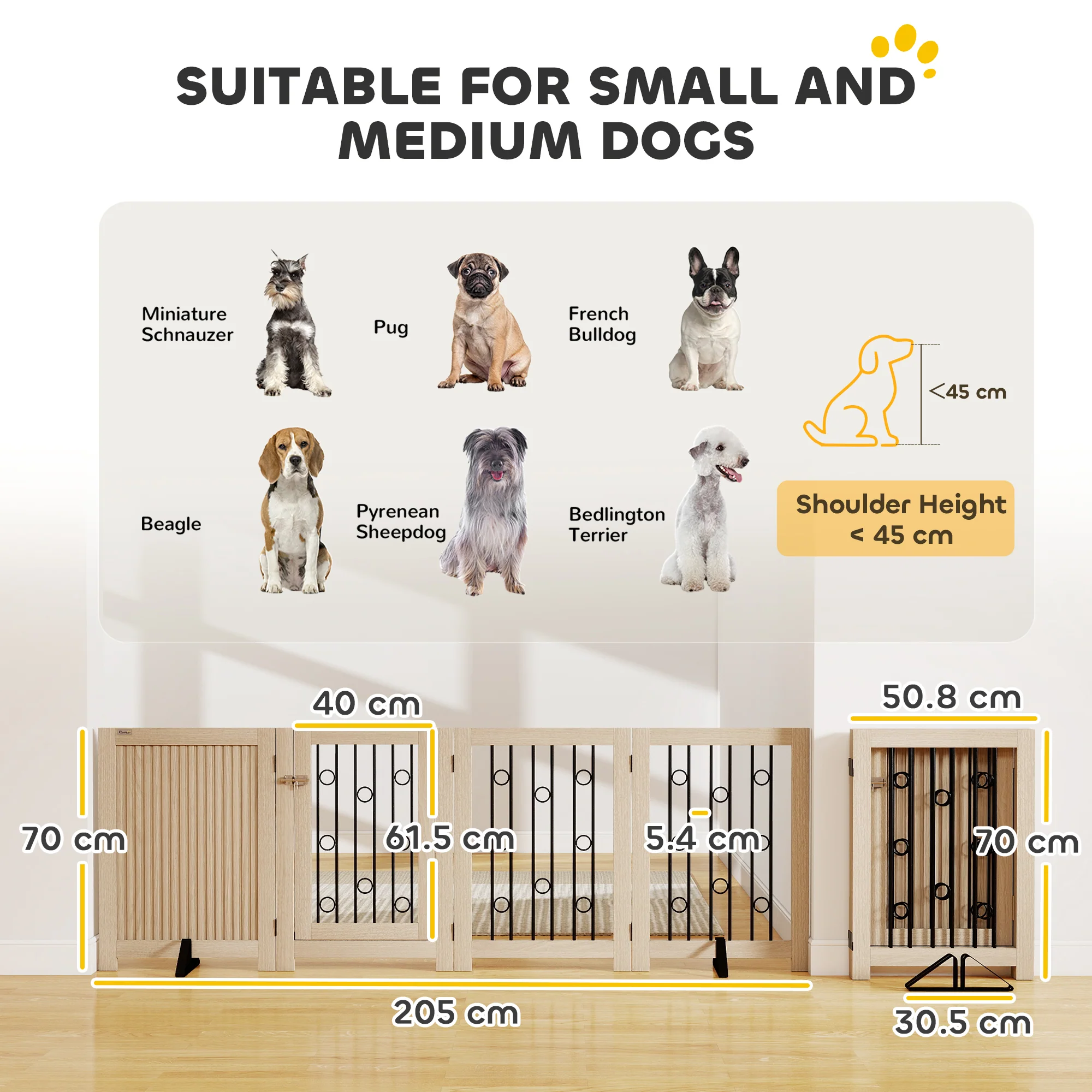 PawHut 4 Panel Freestanding Pet Gate Foldable with Door for Stairs, Doorway - Image 5