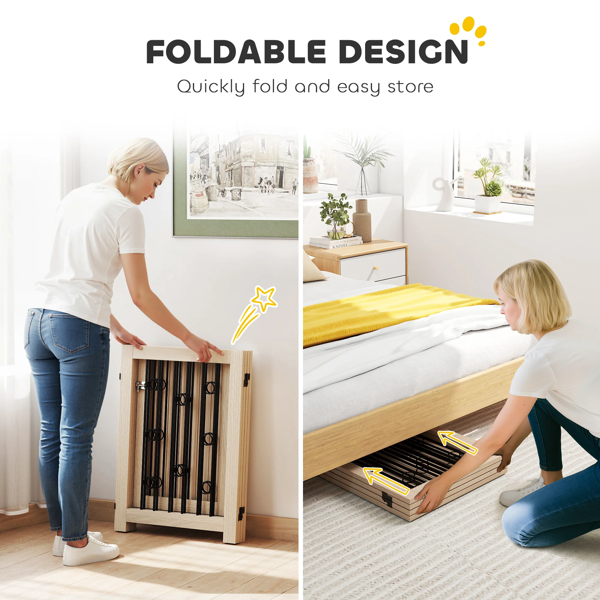 PawHut 4 Panel Freestanding Pet Gate Foldable with Door for Stairs, Doorway - Image 6