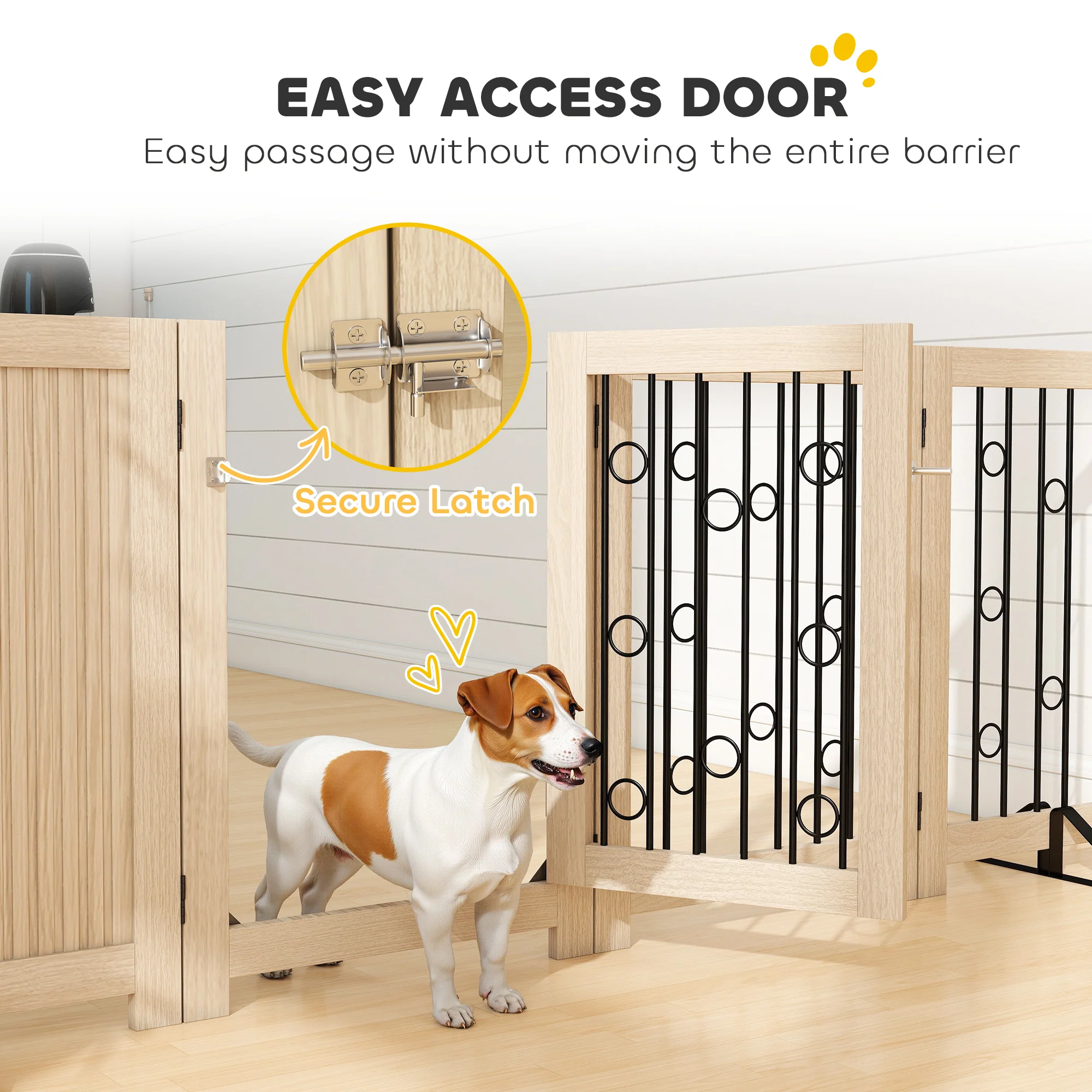 PawHut 4 Panel Freestanding Pet Gate Foldable with Door for Stairs, Doorway - Image 7